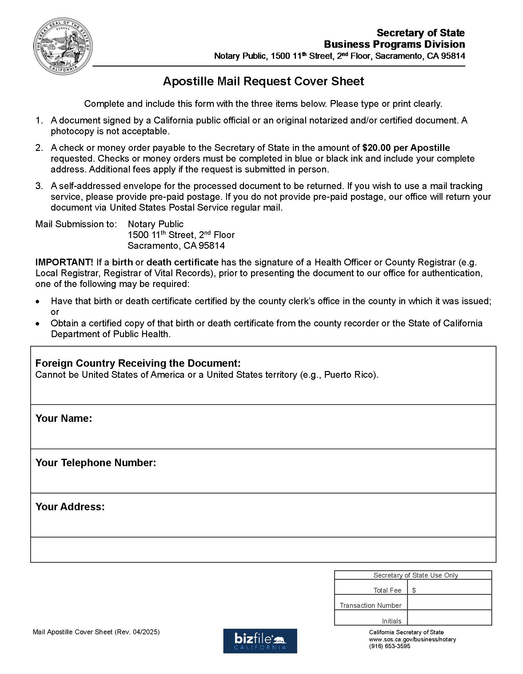 Apostille Mail Request Cover Sheet | Pdf Fpdf Docx | California