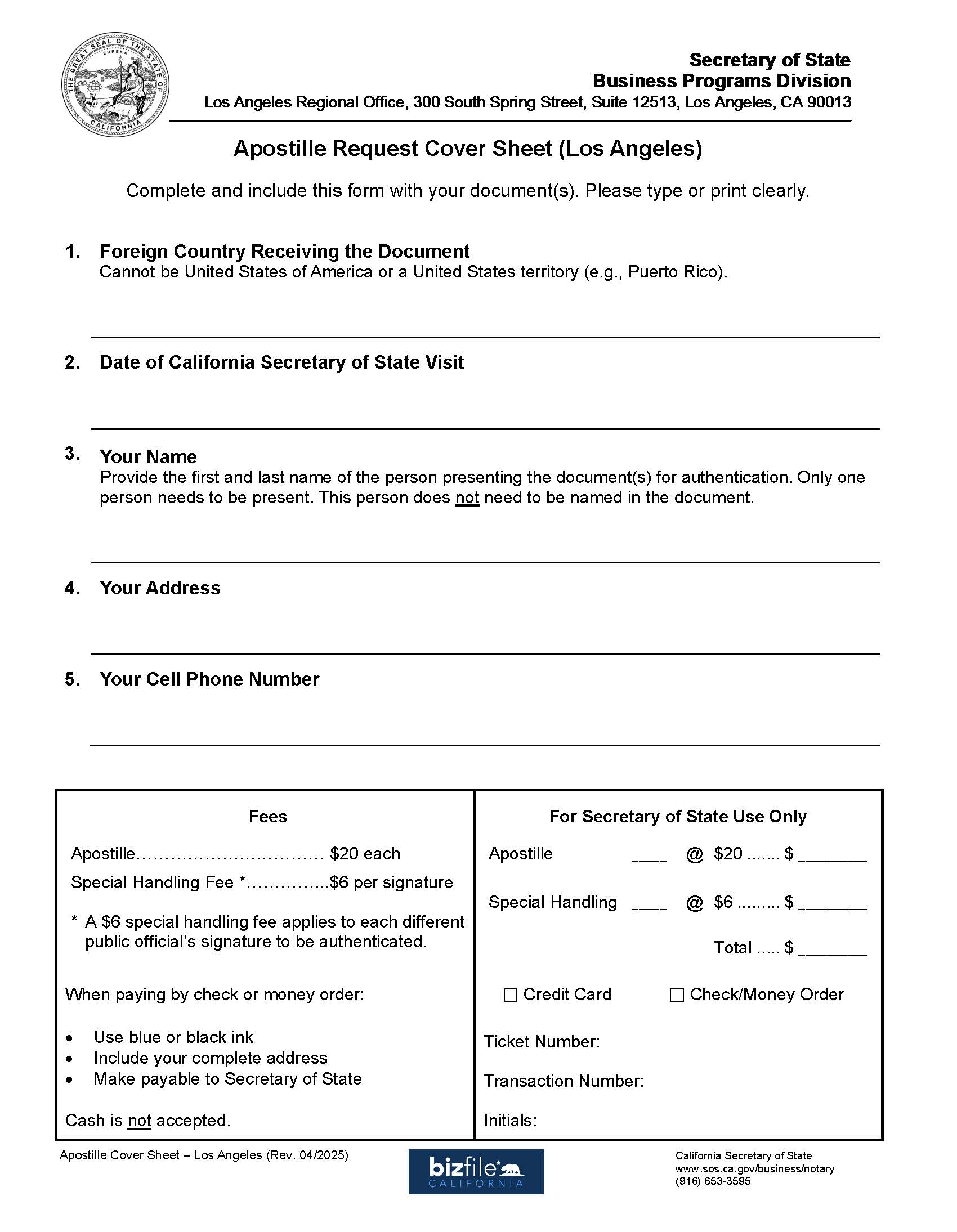 Los Angeles Apostille Mail Request Cover Sheet | Pdf Fpdf Docx | California