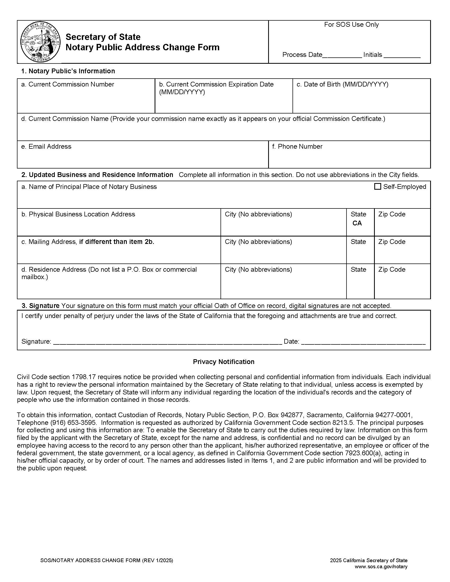 Notary Public Address Change {NP-34} | Pdf Fpdf Doc Docx | California