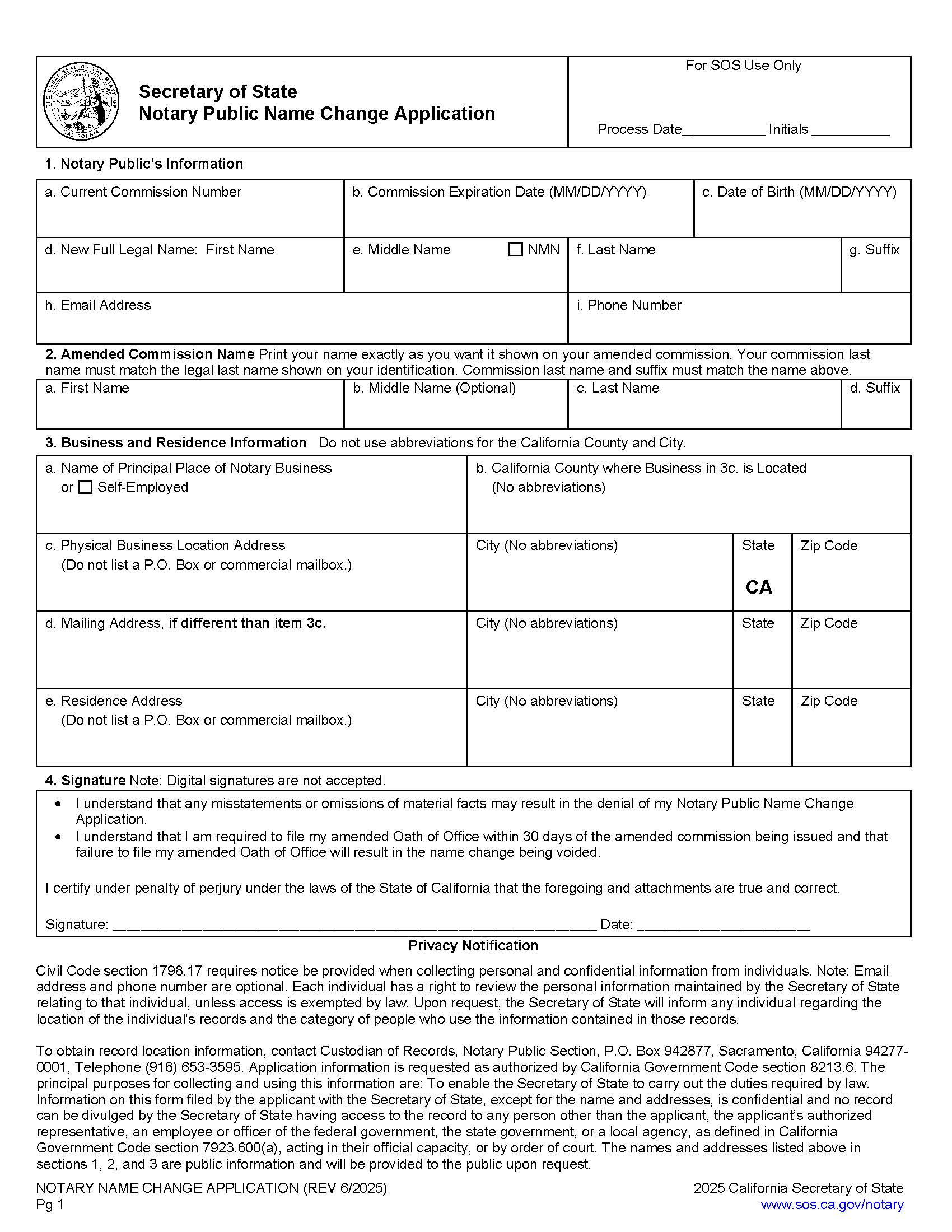 Notary Public Name Change {NP-33} | Pdf Fpdf Doc Docx | California