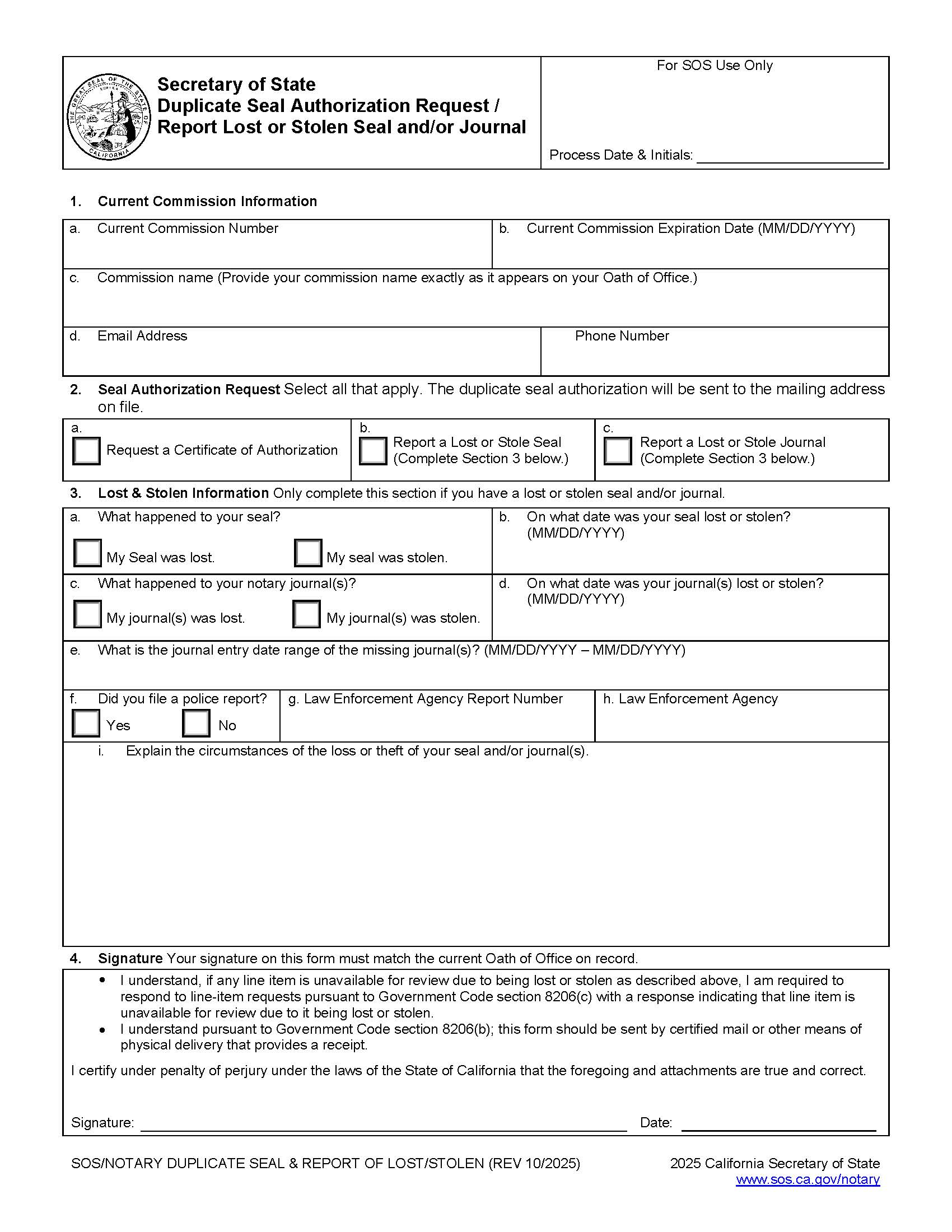 Report Lost Or Stolen Seal And-Or Journal | Pdf Fpdf Docx | California