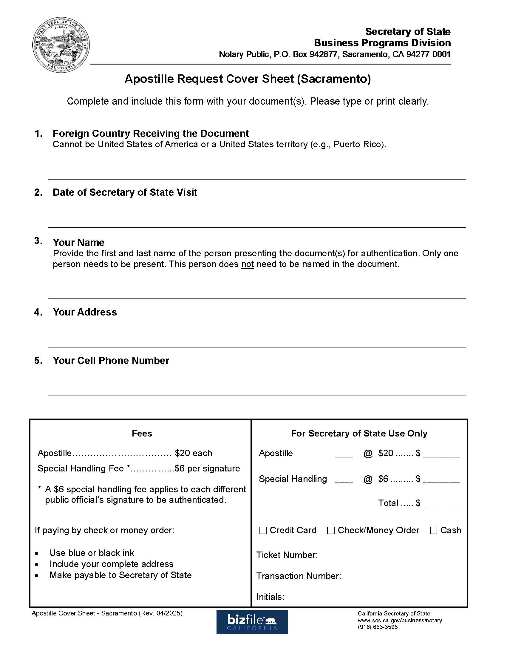 Sacramento Apostille Request Cover Sheet | Pdf Fpdf Docx | California