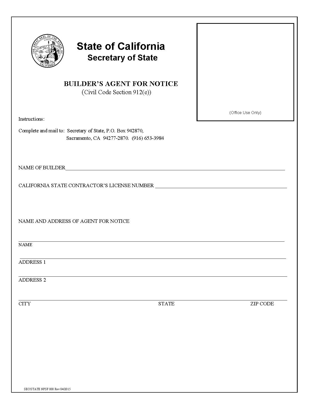 Builders Agent For Notice {NPSF-800} | Pdf Fpdf Doc Docx | California
