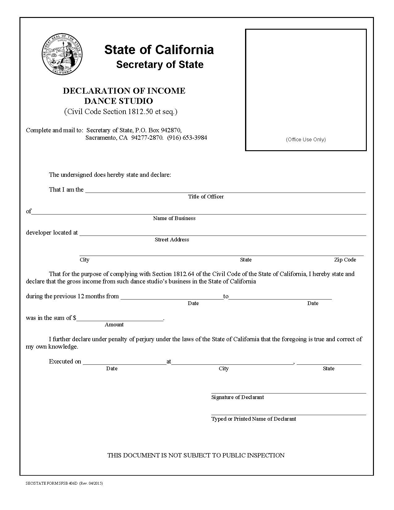 Declaration Of Income Dance Studio {SFSB-406D} | Pdf Fpdf Doc Docx | California