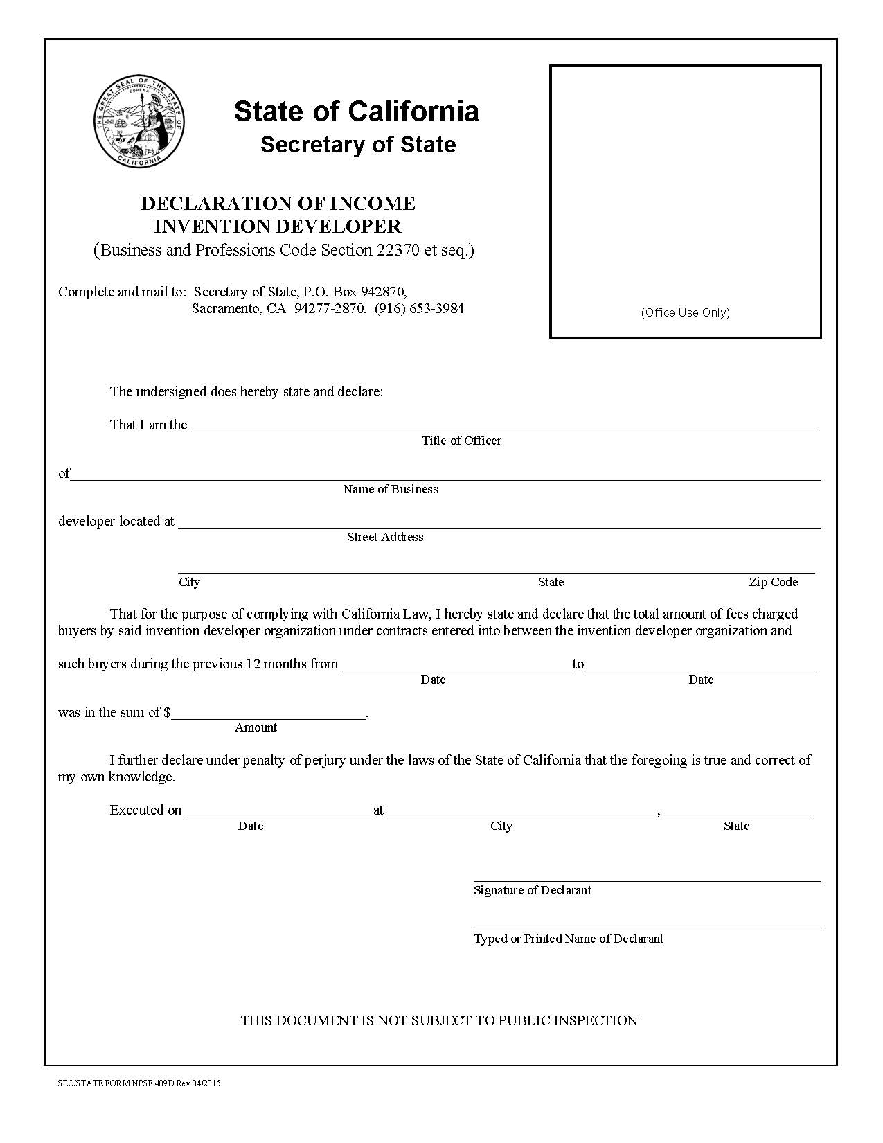 Declaration Of Income Invention Developer {NPSF-409D} | Pdf Fpdf Doc Docx | California