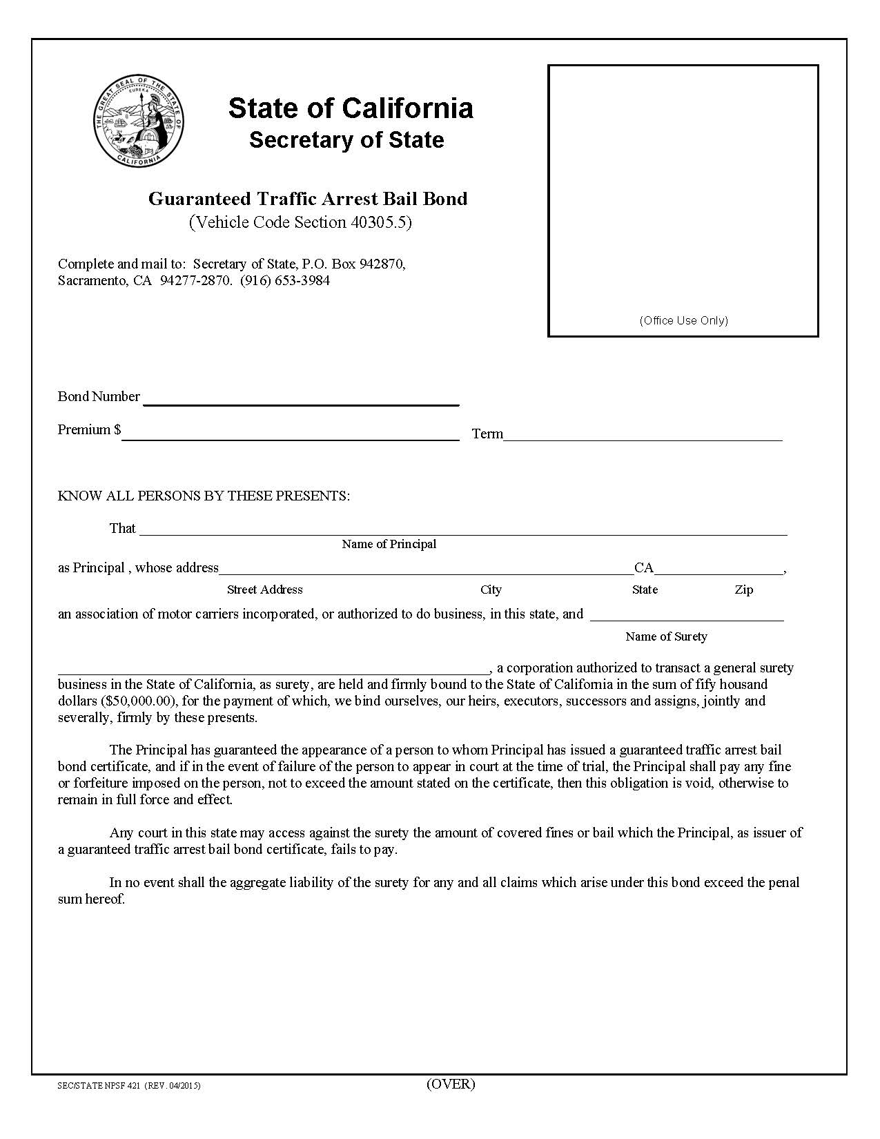 Guaranteed Traffic Arrest Bail Bond {NPSF-421} | Pdf Fpdf Doc Docx | California