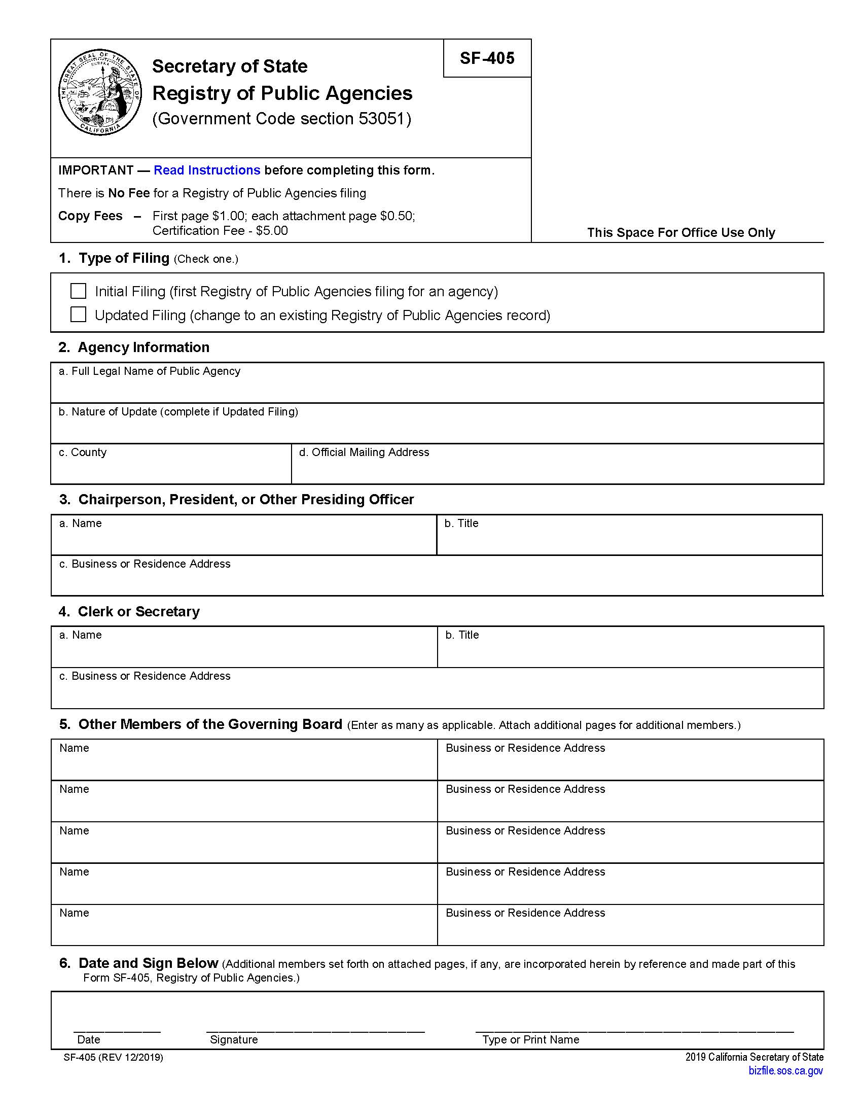 Registry Of Public Agencies Filing {NPSF-405} | Pdf Fpdf Doc Docx | California