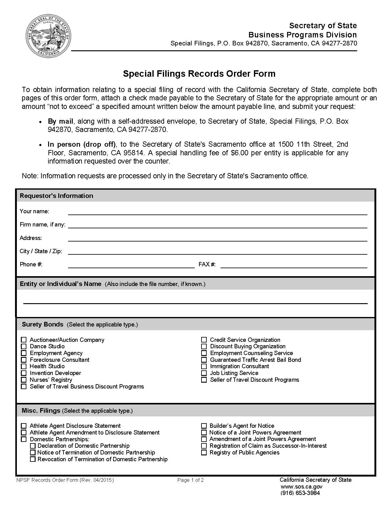 Special Filings Records Order Form | Pdf Fpdf Doc Docx | California