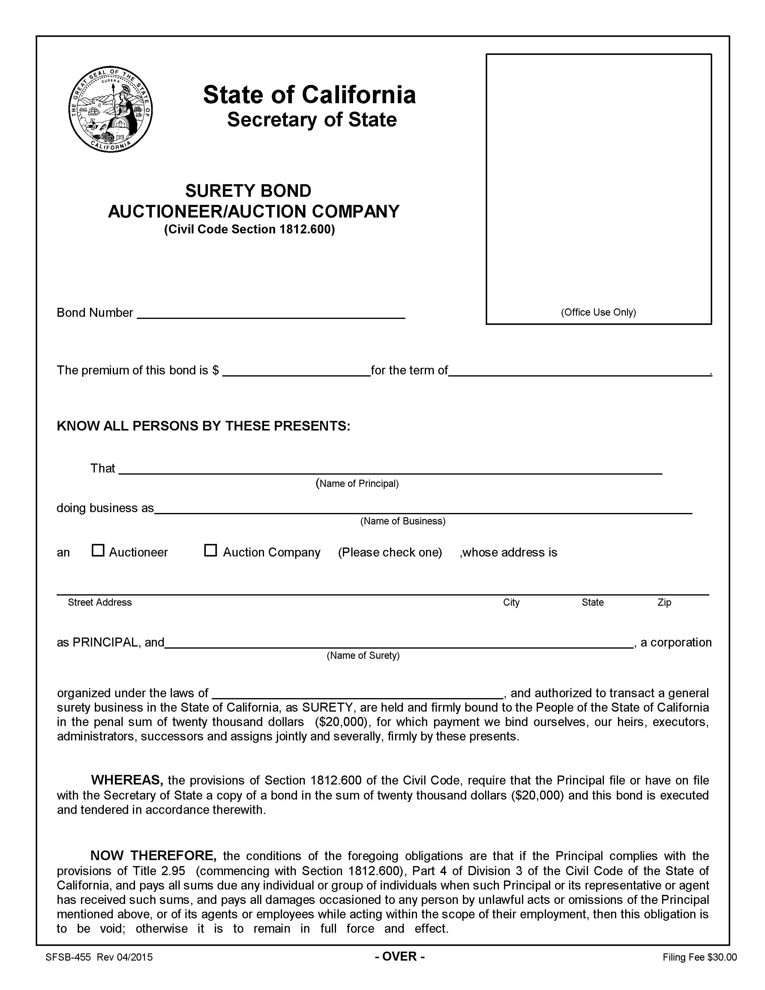 Surety Bond Auctioneer Auction Company {SFSB-455} | Pdf Fpdf Doc Docx | California