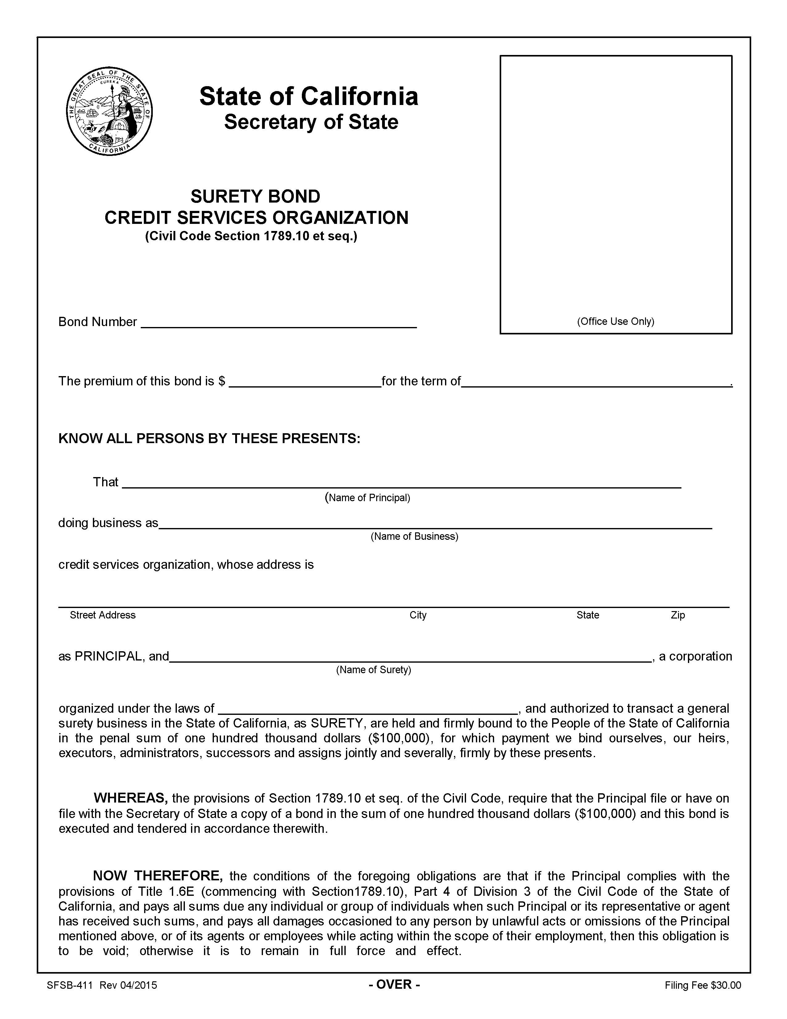 Surety Bond Credit Services Organization {SFSB-411} | Pdf Fpdf Doc Docx | California