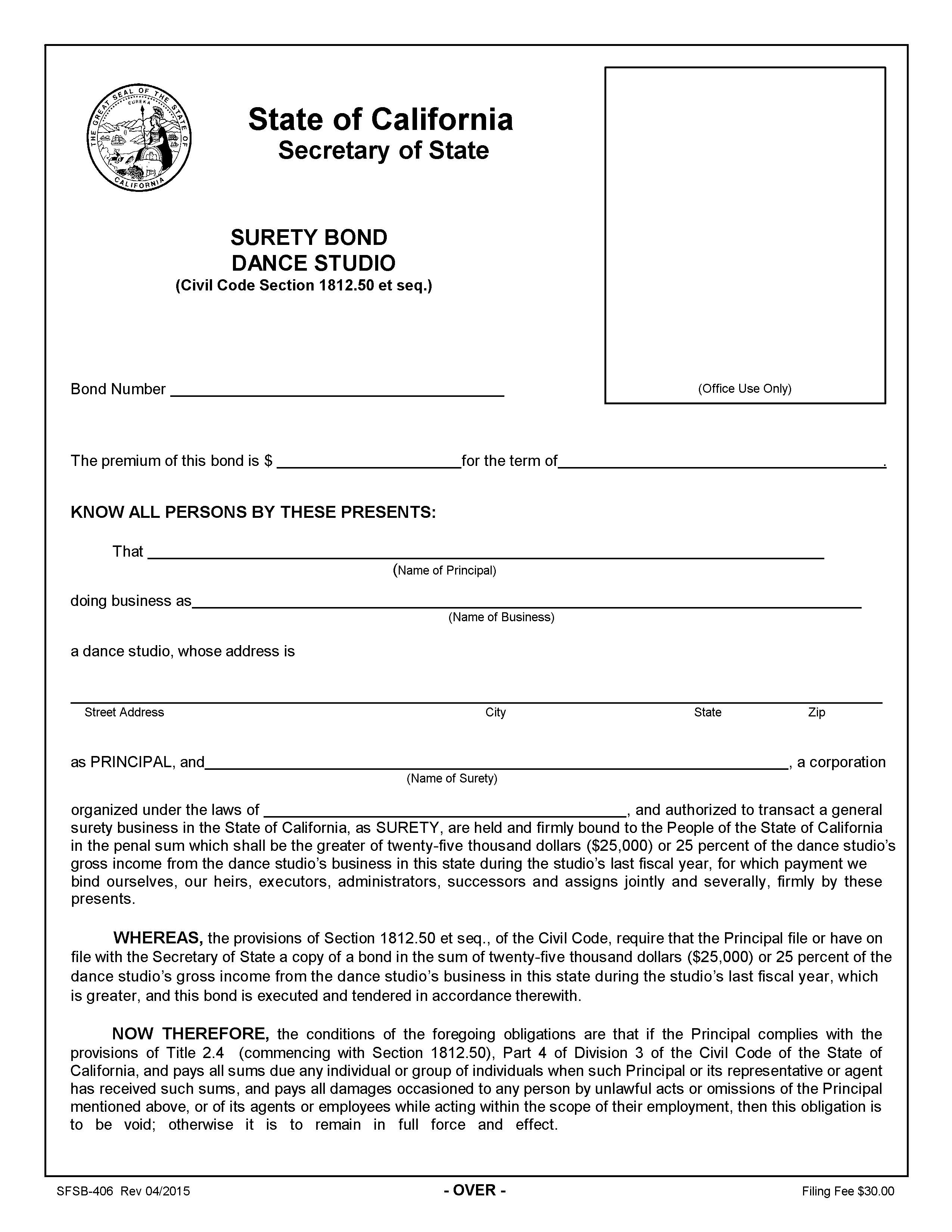 Surety Bond Dance Studio {SFSB-406} | Pdf Fpdf Doc Docx | California