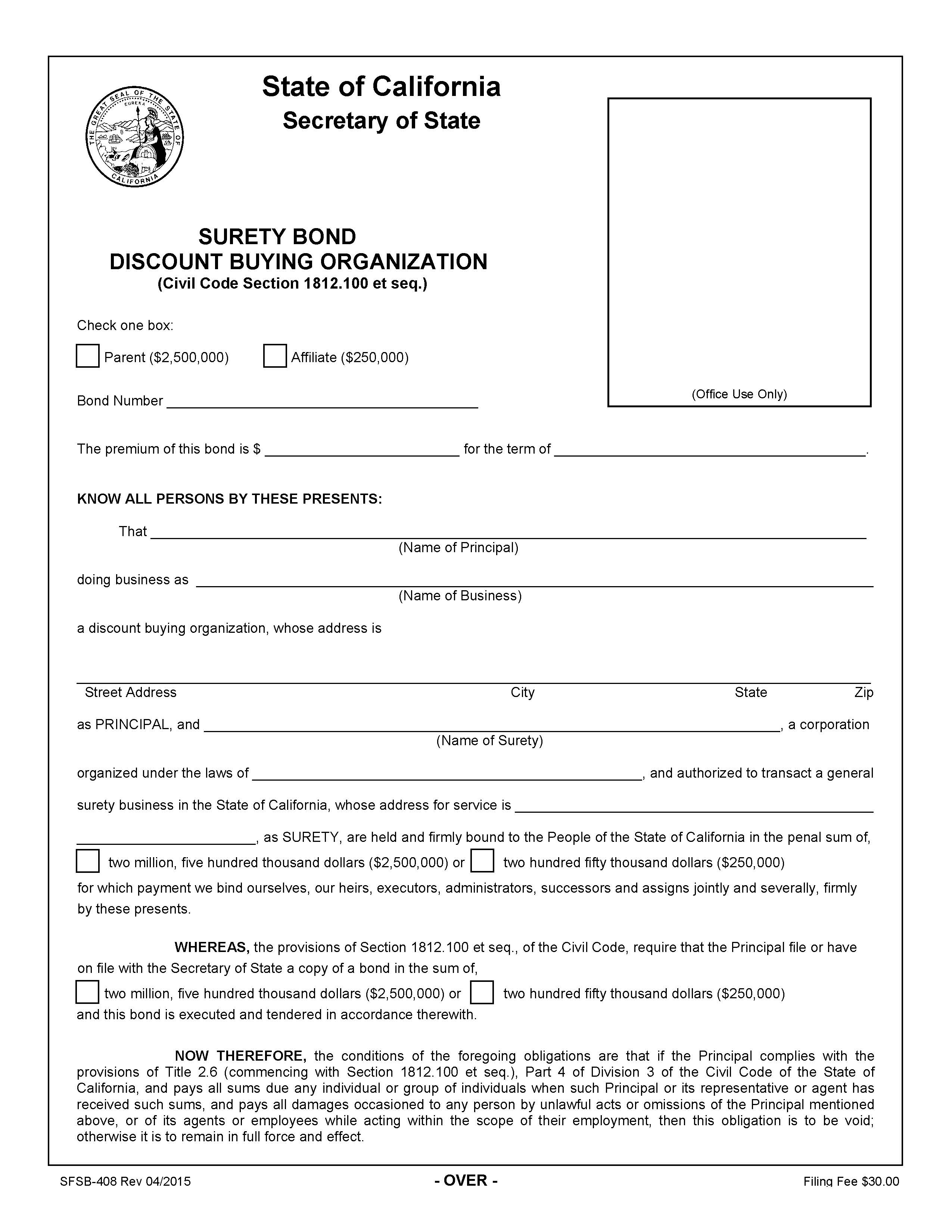 Surety Bond Discount Buying Organization {SFSB-408} | Pdf Fpdf Doc Docx | California