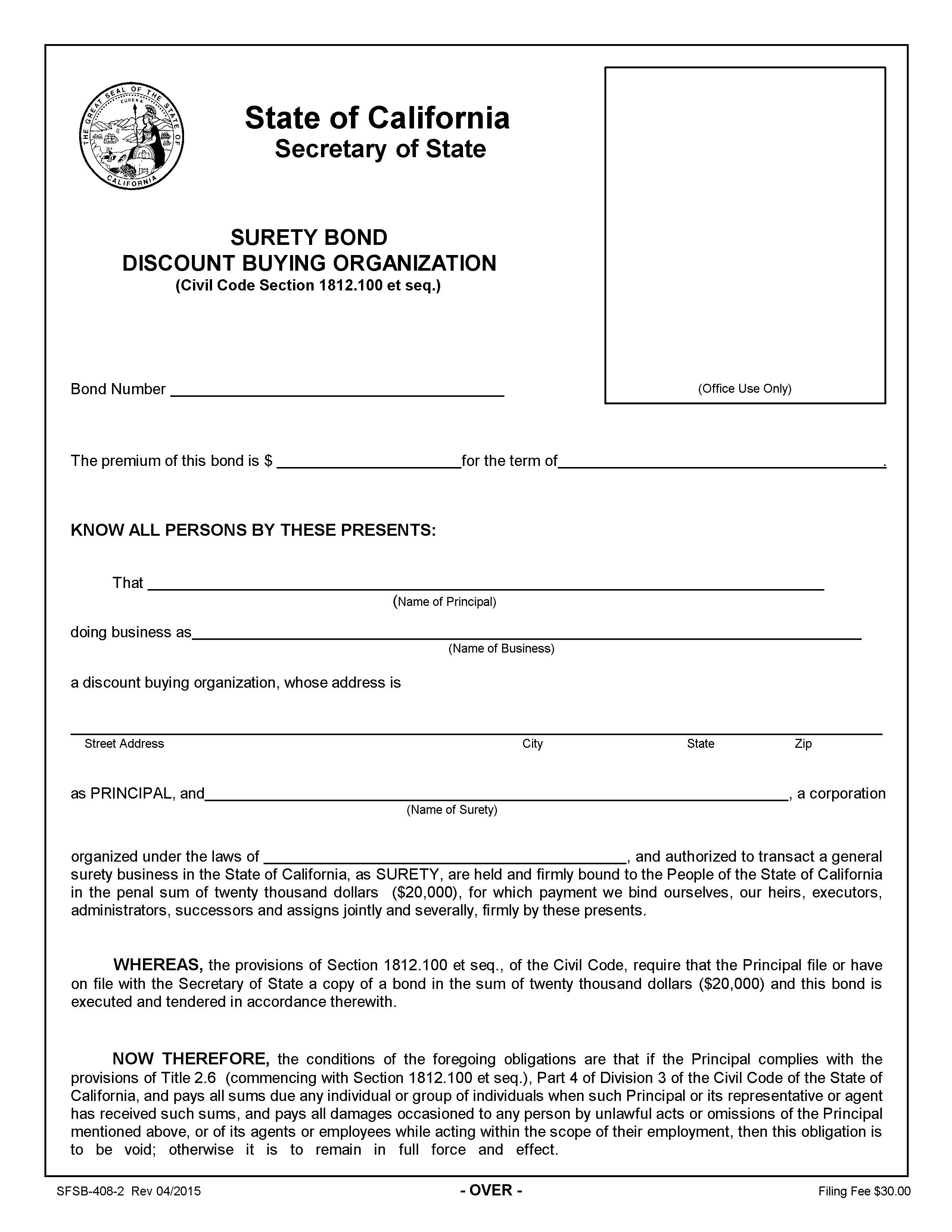 Surety Bond Discount Buying Organization ($20,000) {SFSB-408-2} | Pdf Fpdf Doc Docx | California