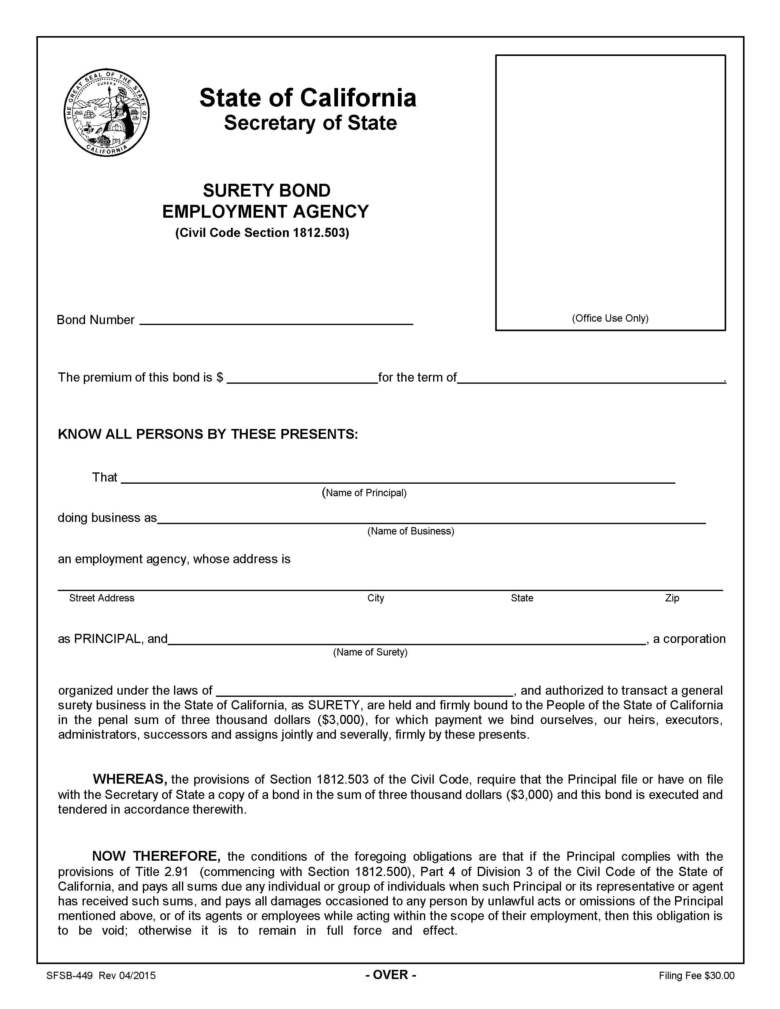 Surety Bond Employment Agency {SFSB-449} | Pdf Fpdf Doc Docx | California