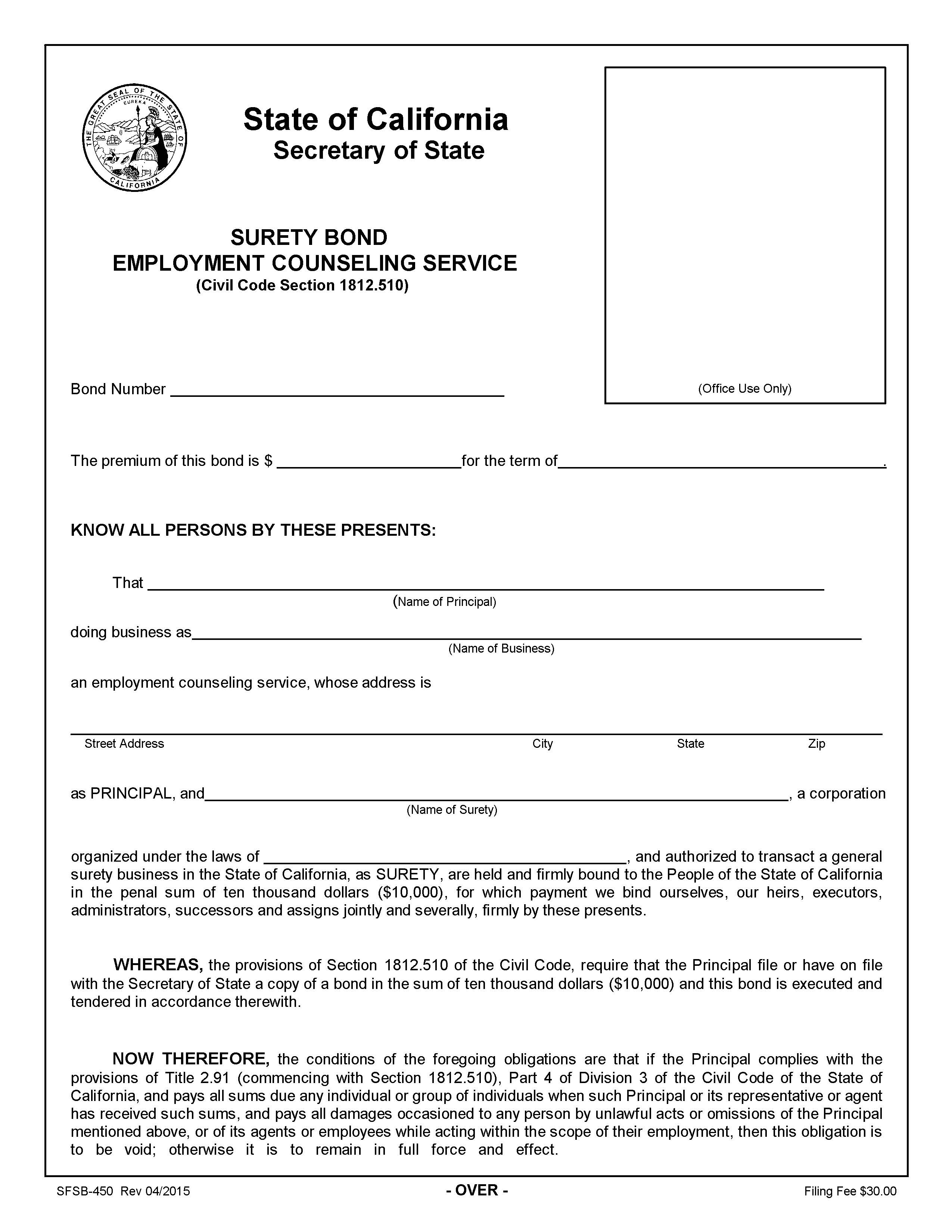 Surety Bond Employment Counseling Service {SFSB-450} | Pdf Fpdf Doc Docx | California