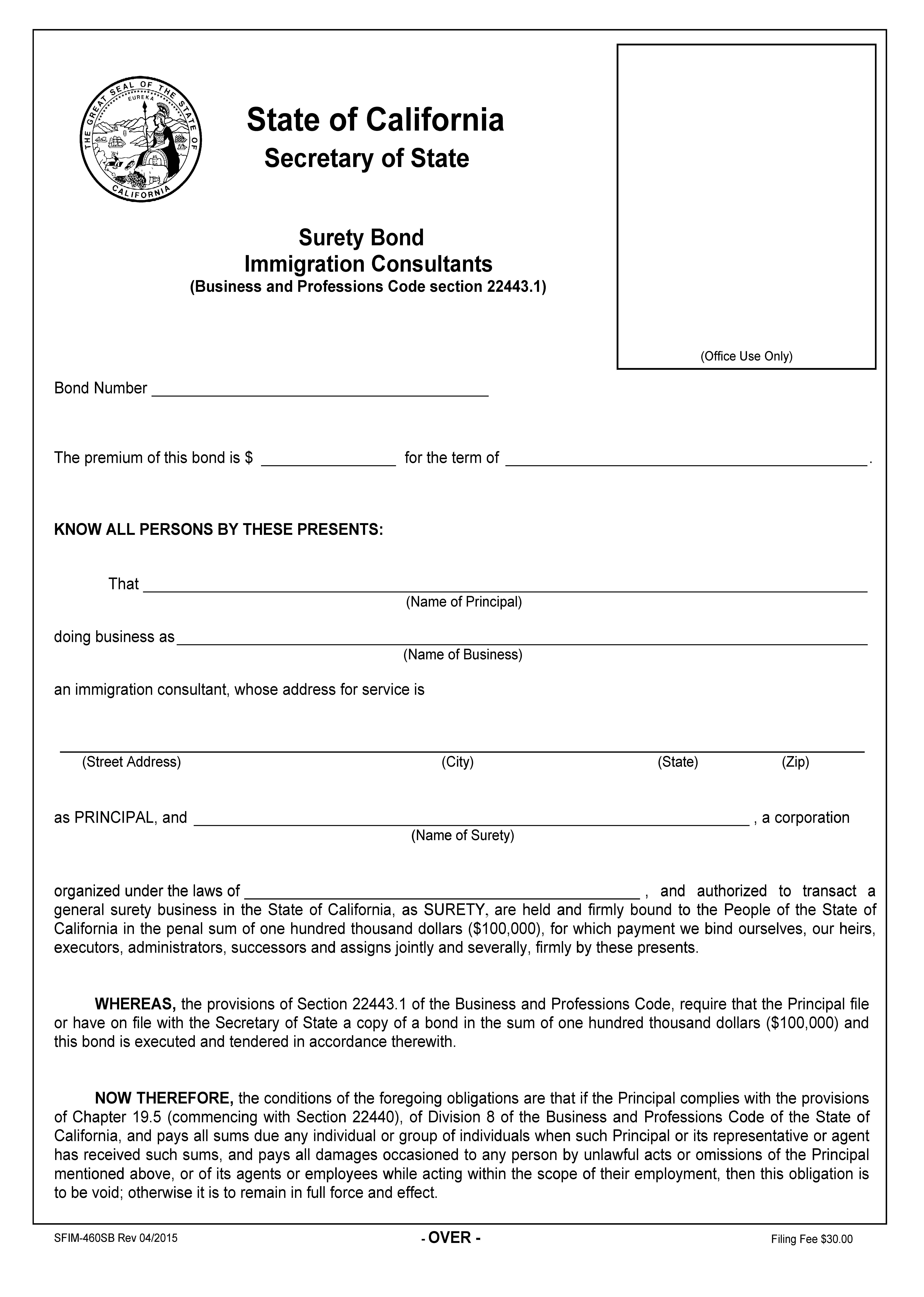 Surety Bond Immigration Consultants {SFIM-460SB} | Pdf Fpdf Doc Docx | California