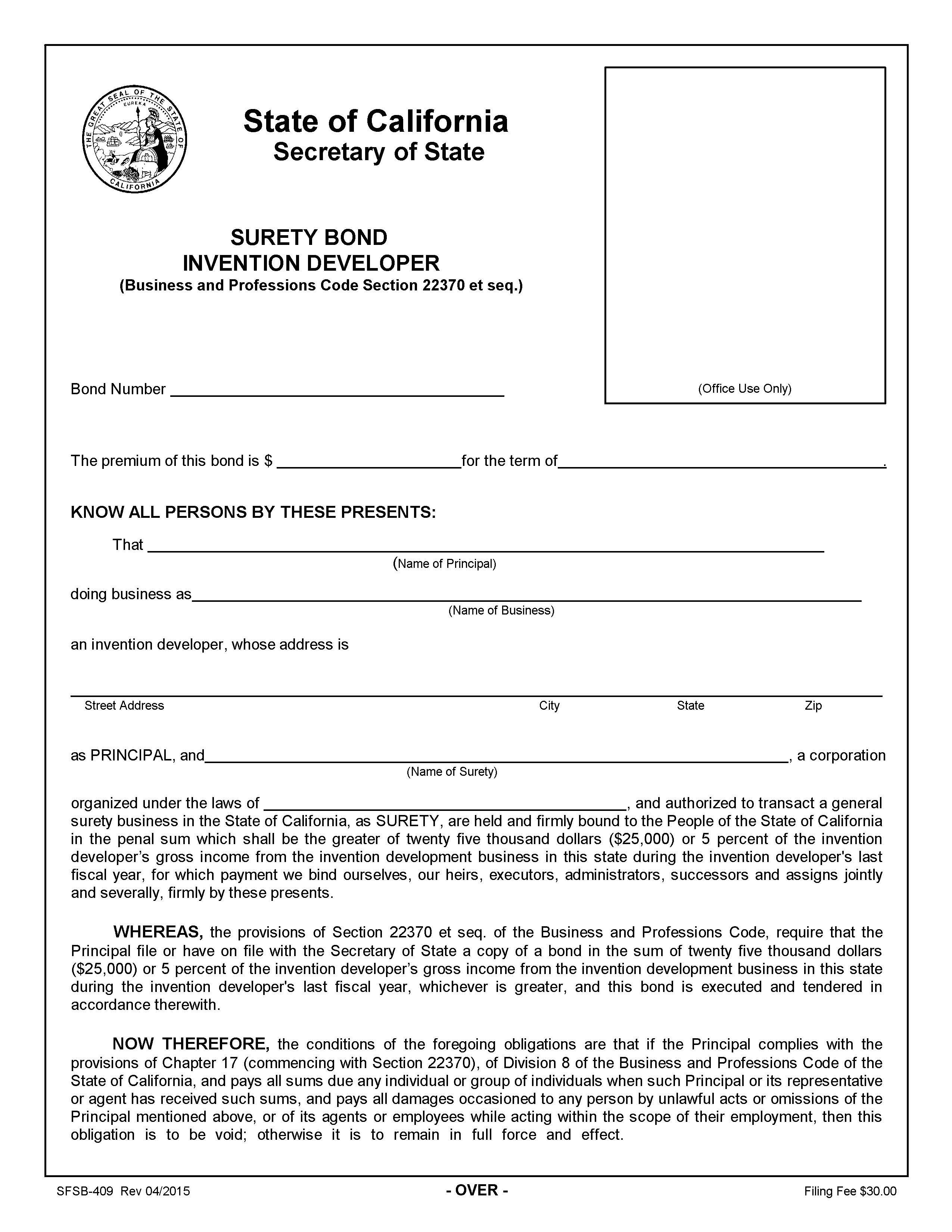 Surety Bond Invention Developer {SFSB-409} | Pdf Fpdf Doc Docx | California