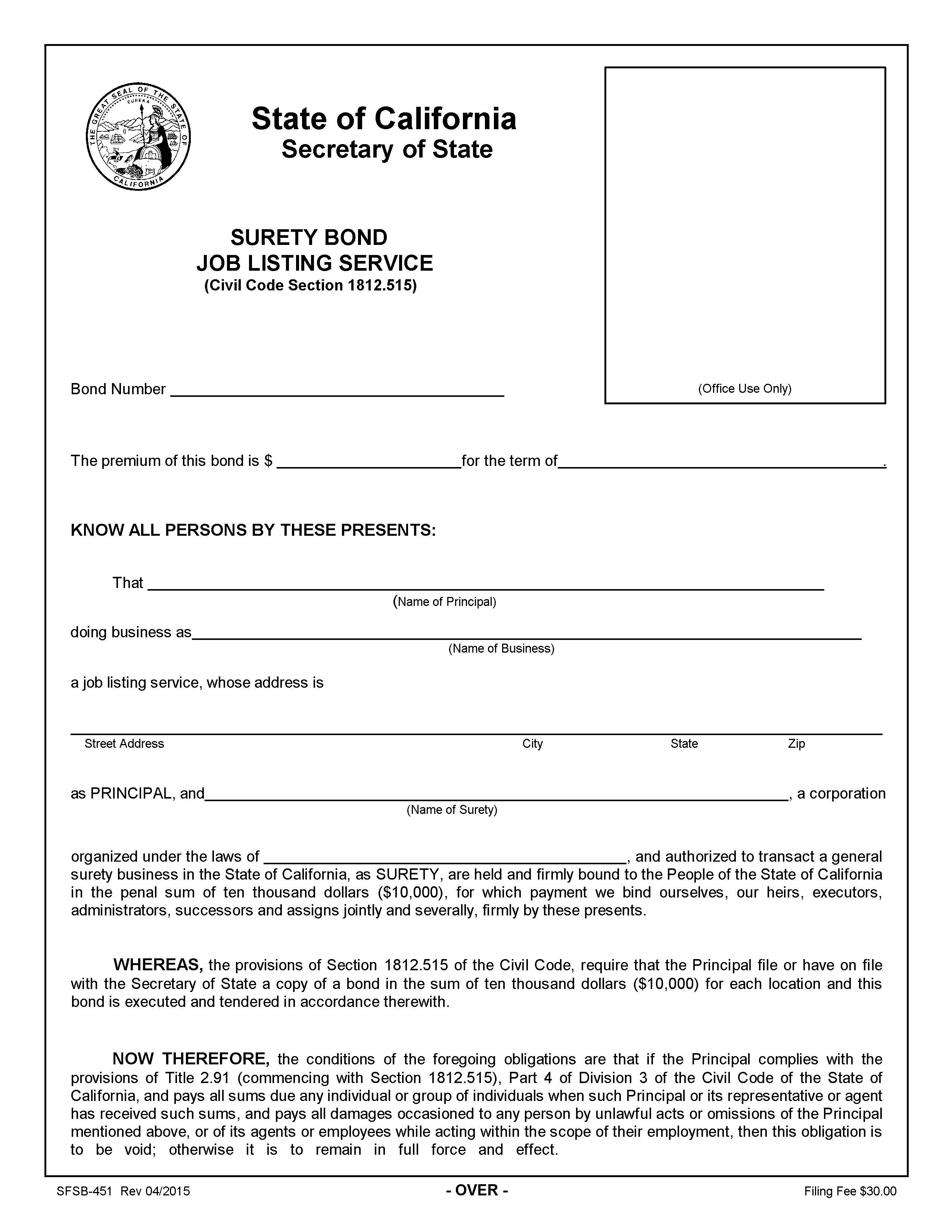 Surety Bond Job Listing Service {SFSB-451} | Pdf Fpdf Doc Docx | California