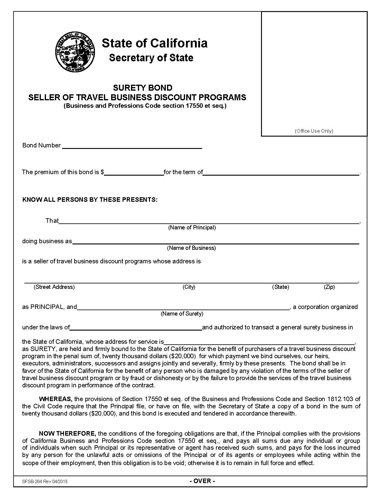 Surety Bond Seller Of Travel Business Discount Programs {SFSB--264} | Pdf Fpdf Doc Docx | California