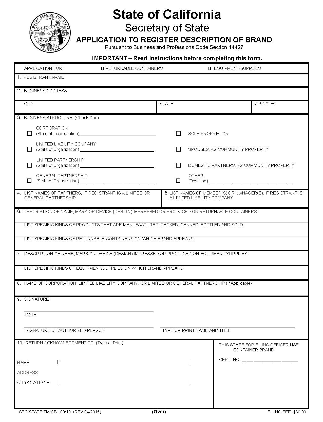 Application To Register Description Of Brand {TM-CB-100-101} | Pdf Fpdf Doc Docx | California