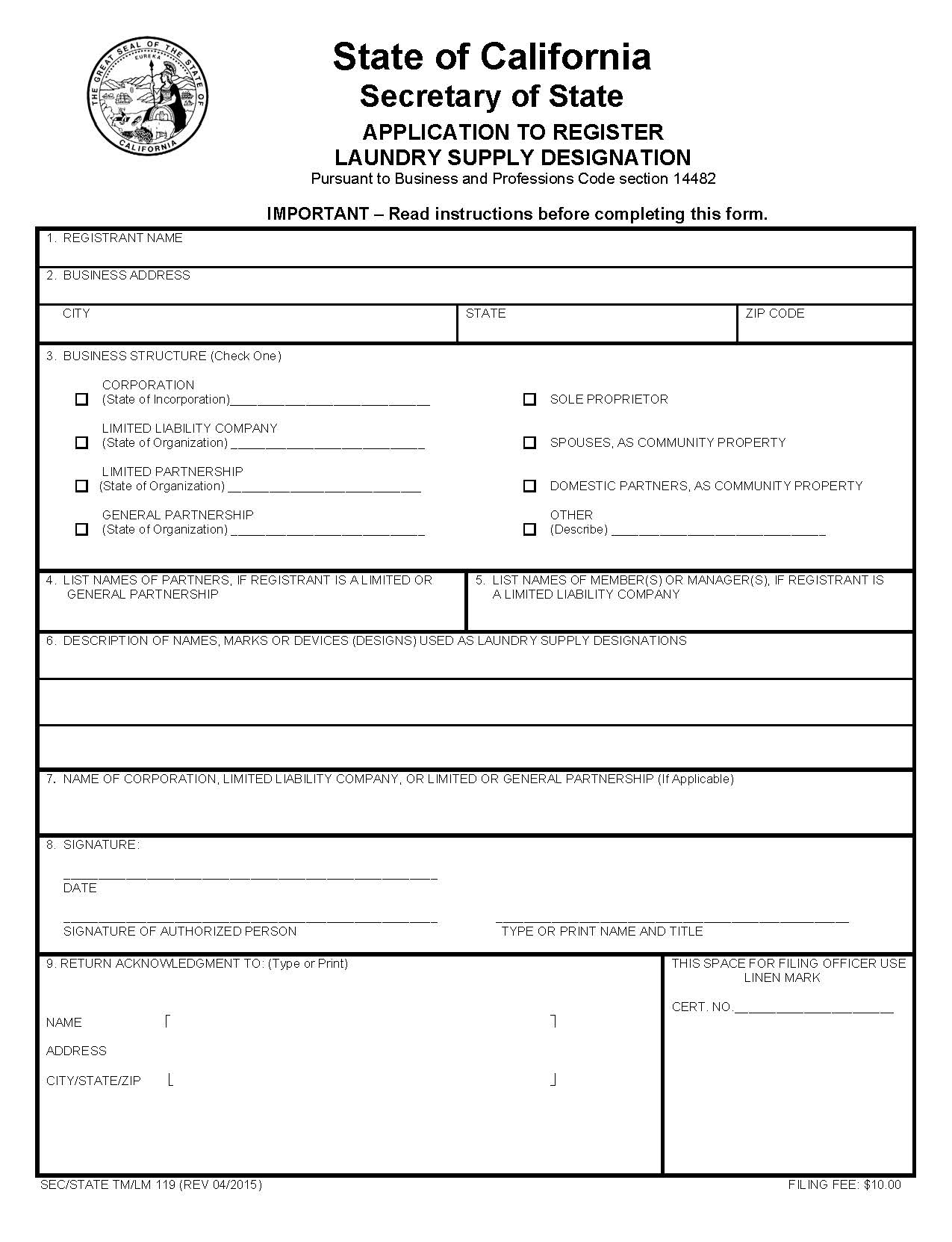 Application To Register Laundry Supply Designation {TM-LM-119} | Pdf Fpdf Doc Docx | California