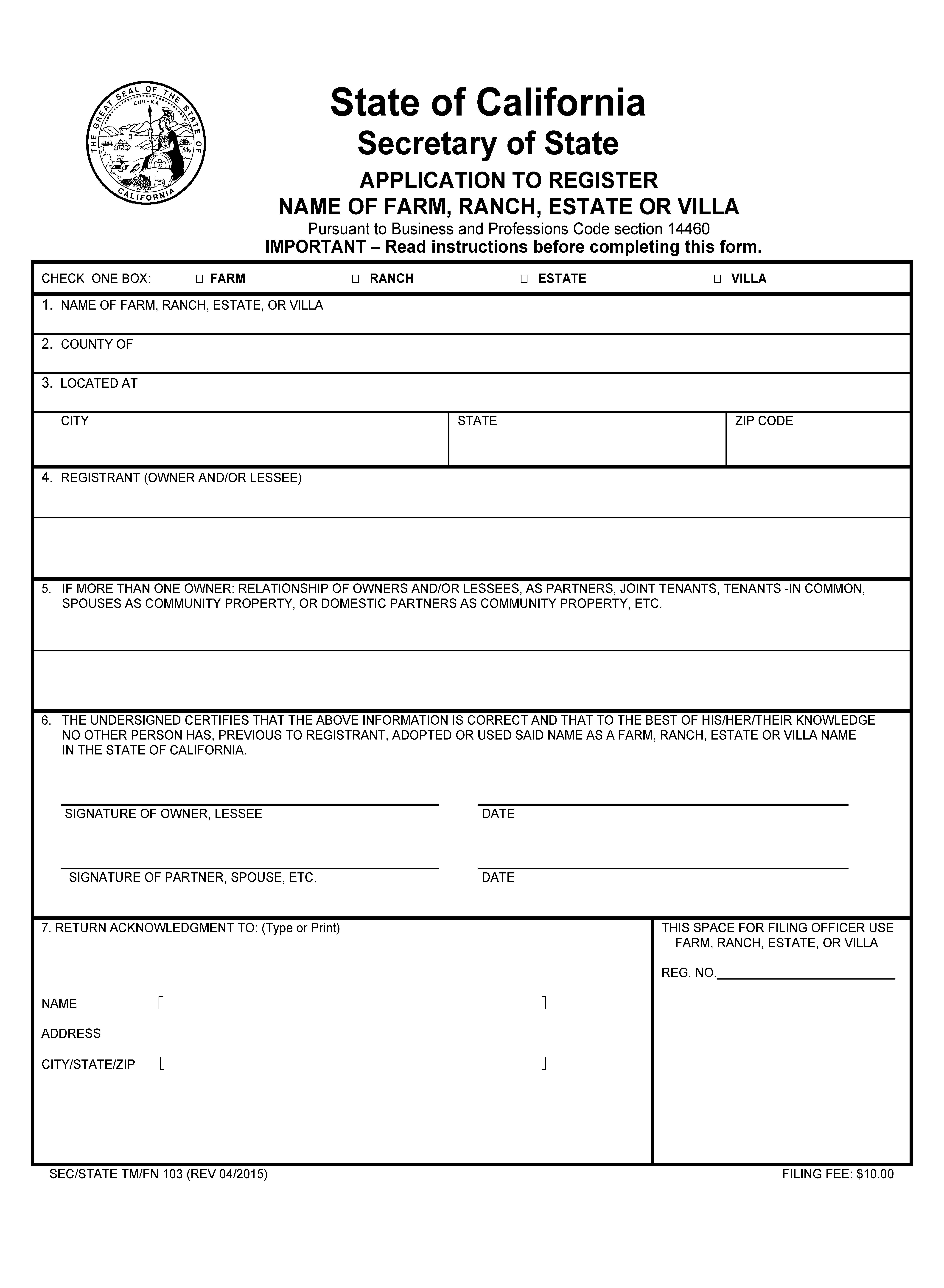 Application To Register Name Of Farm Ranch Estate Or Villa {TM FN 103} | Pdf Fpdf Doc Docx | California