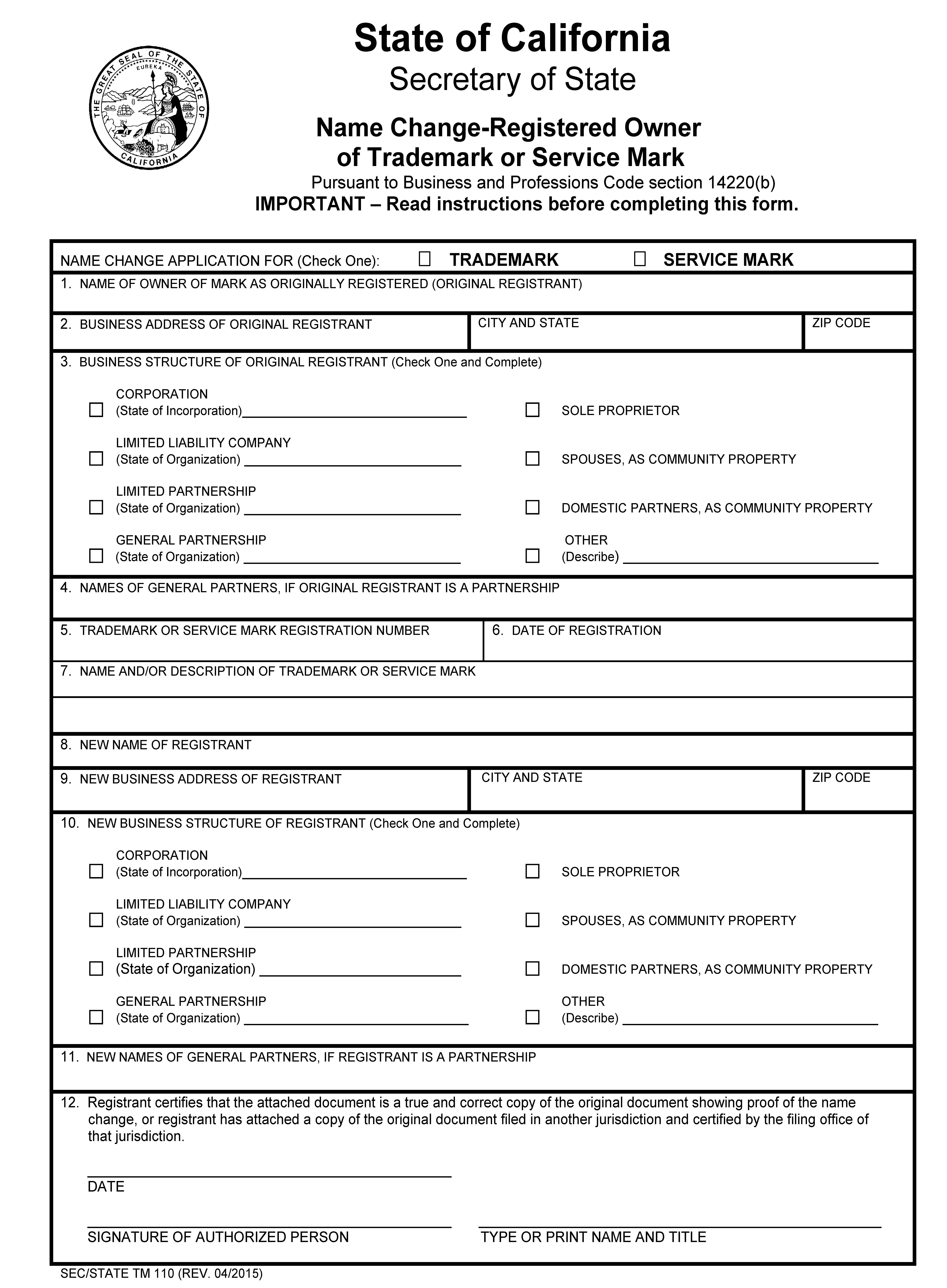 Name Change-Registered Owner Of Trademark Or Service Mark {TM 110} | Pdf Fpdf Doc Docx | California