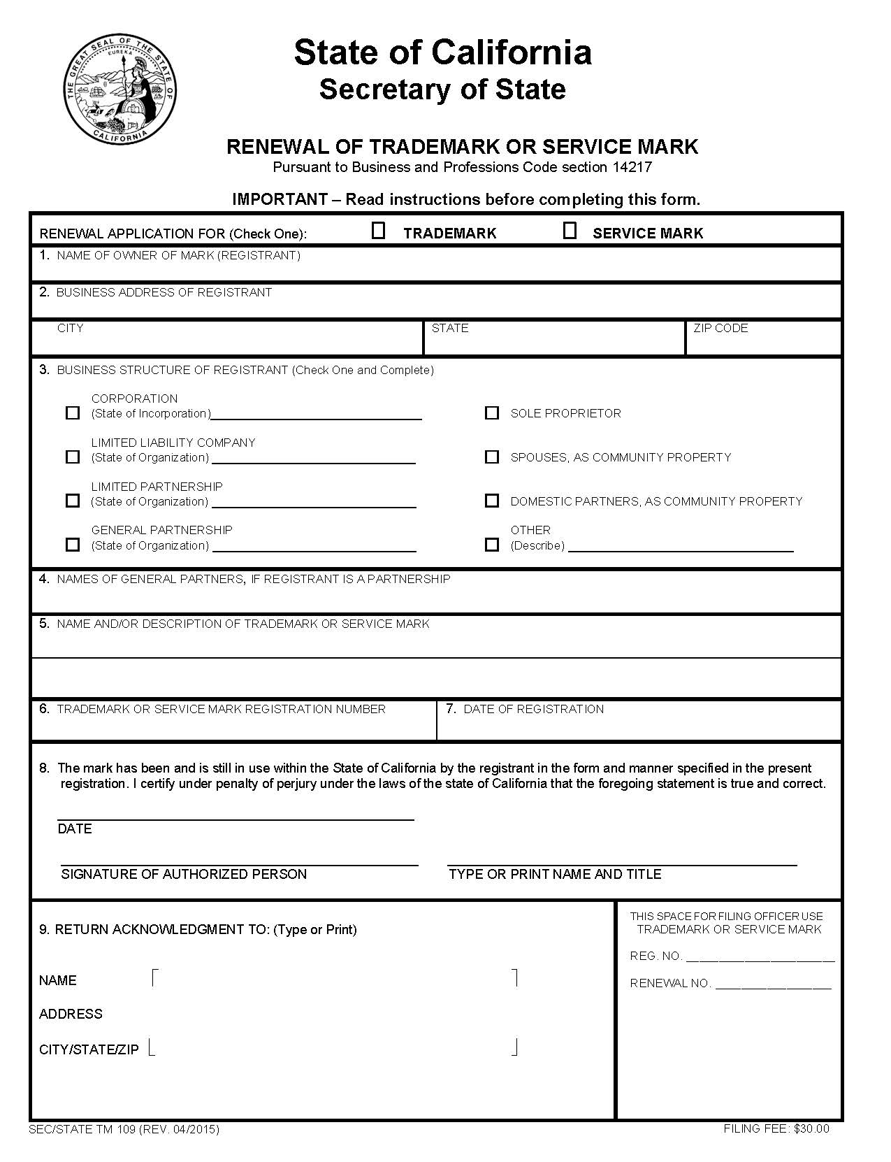 Renewal Of Trademark Or Service Mark {LP TM 109} | Pdf Fpdf Doc Docx | California