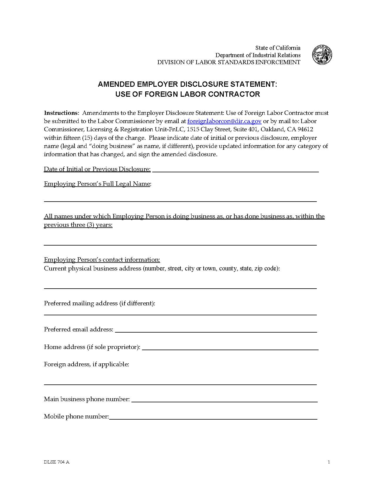 Amended Employer Disclosure Statement Use Of Foreign Labor Contractor {DLSE 704 A} | Pdf Fpdf Docx | California