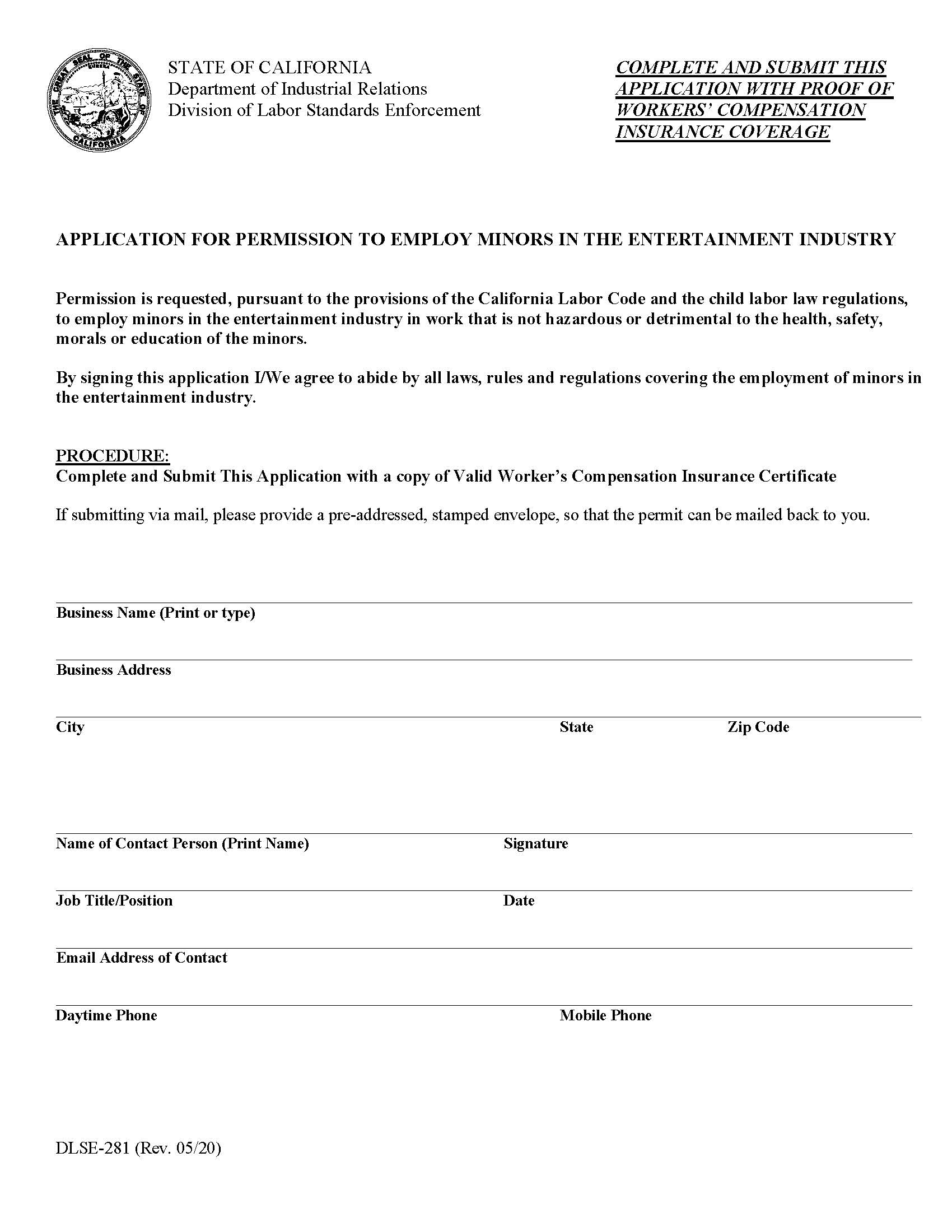 Application For Permission To Employ Minors In The Entertainment Industry {DLSE-281} | Pdf Fpdf Doc Docx | California