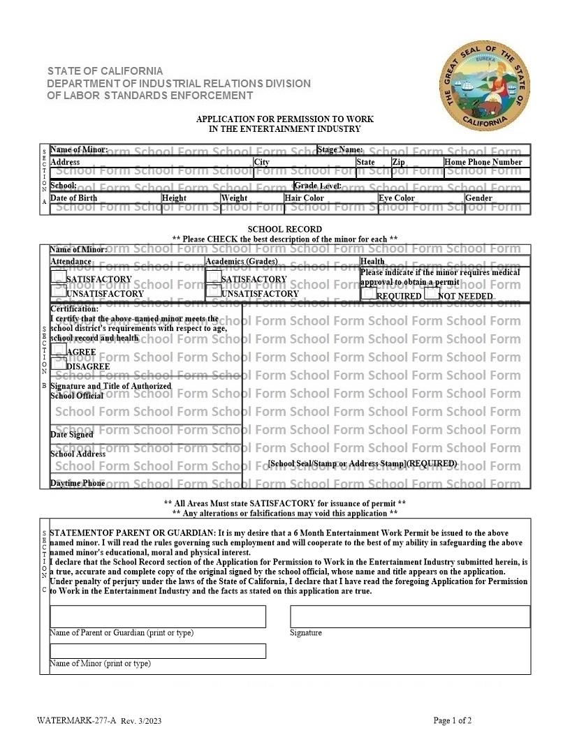 Application For Permission To Work In The Entertainment Industry {DLSE-277} | Pdf Fpdf Docx | California