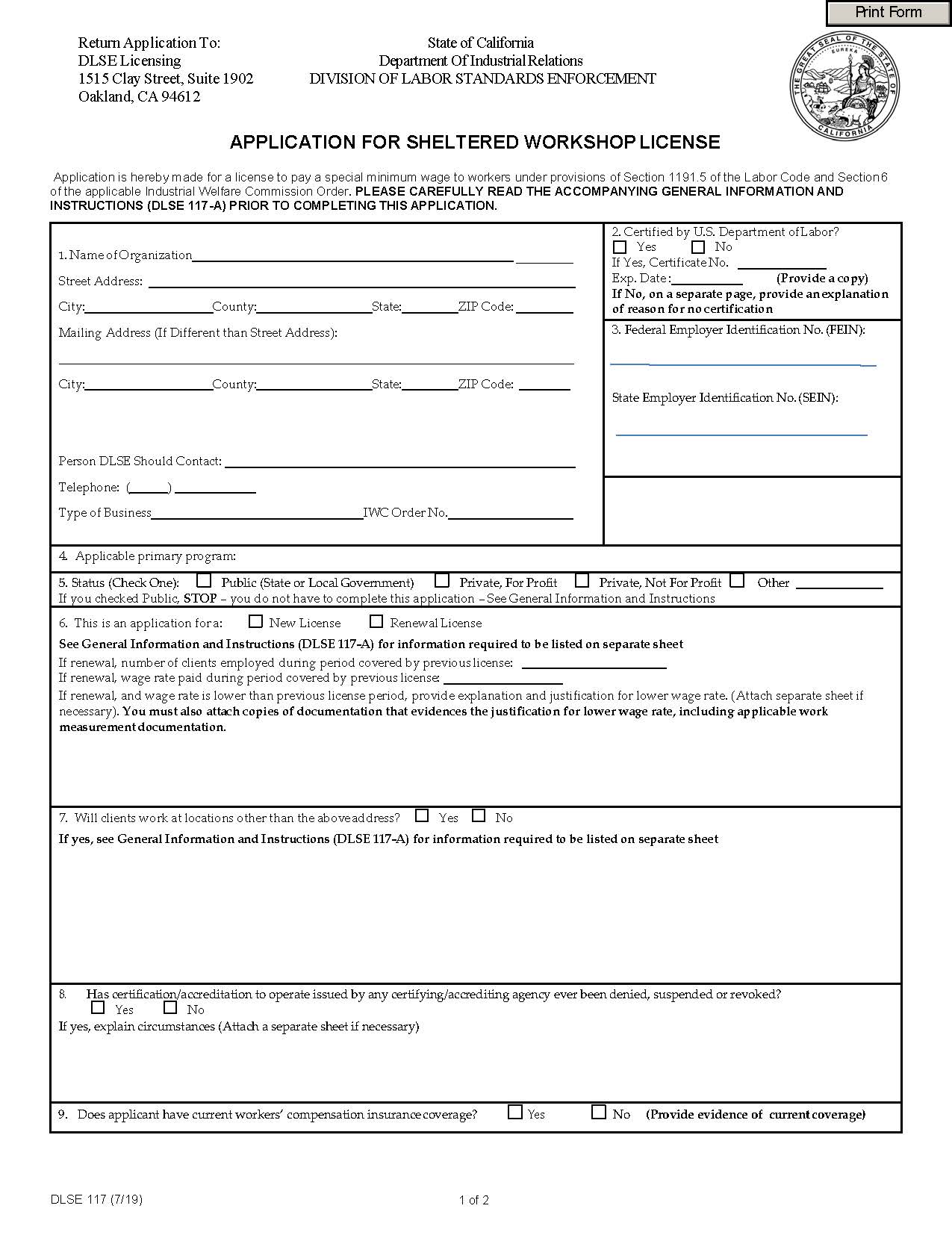 Application For Sheltered Workshop License (Labor Code Section 1191.5) {DLSE 117} | Pdf Fpdf Docx | California