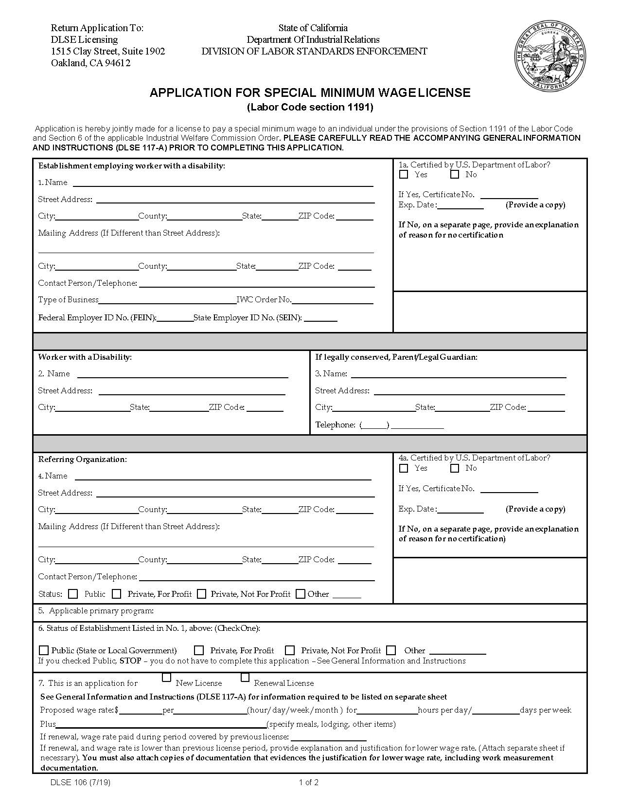 Application For Special Minimum Wage License (Labor Code Section 1191) {DLSE 106} | Pdf Fpdf Docx | California