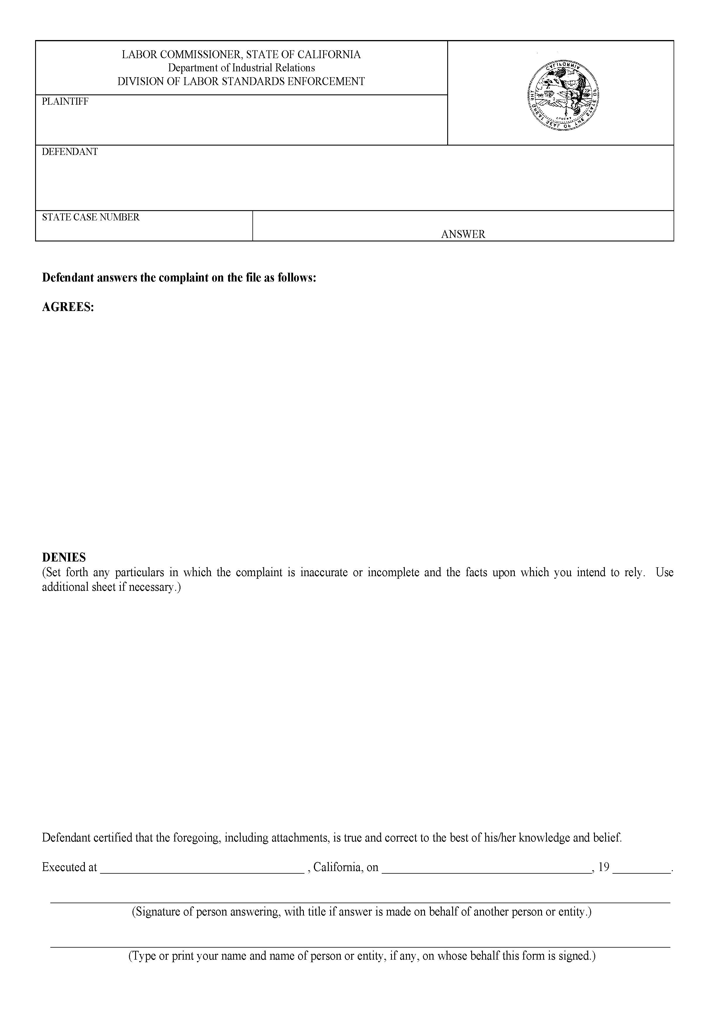 DLSE Answer Form | Pdf Fpdf Doc Docx | California