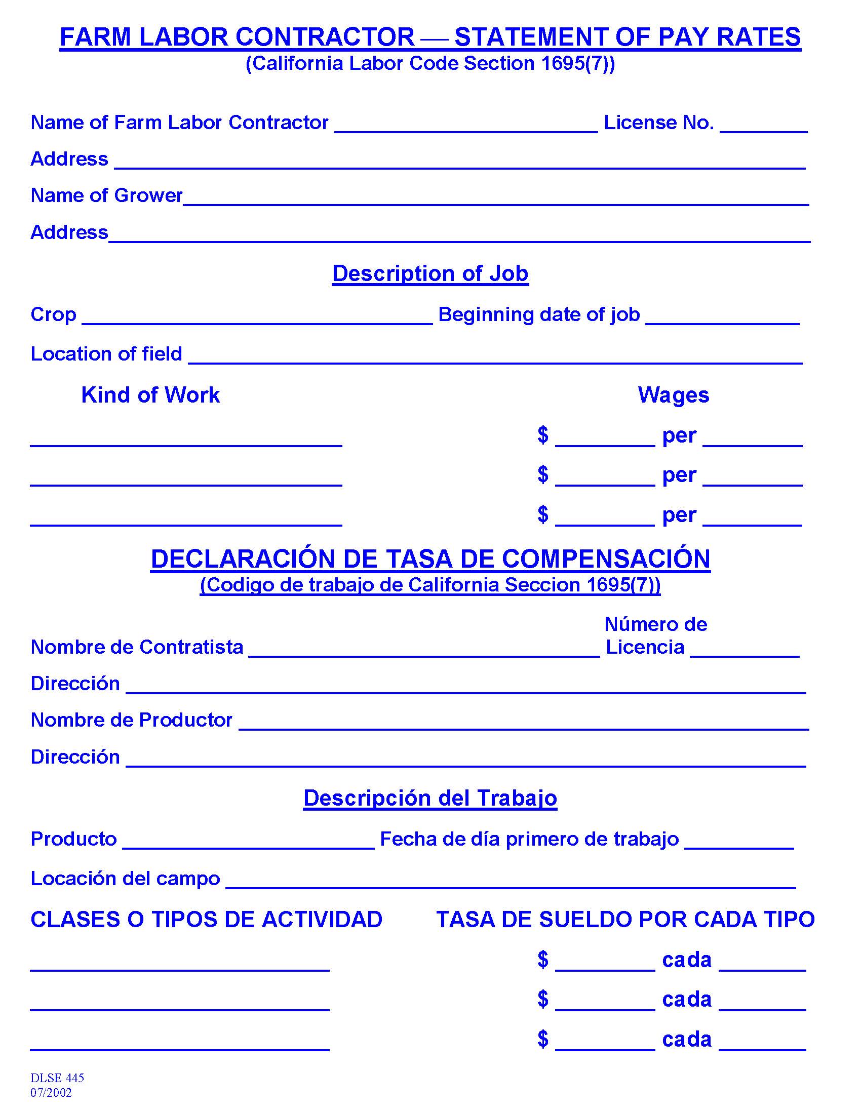 Farm Labor Contractor Statement Of Pay Rates {DLSE 445} | Pdf Fpdf Docx | California