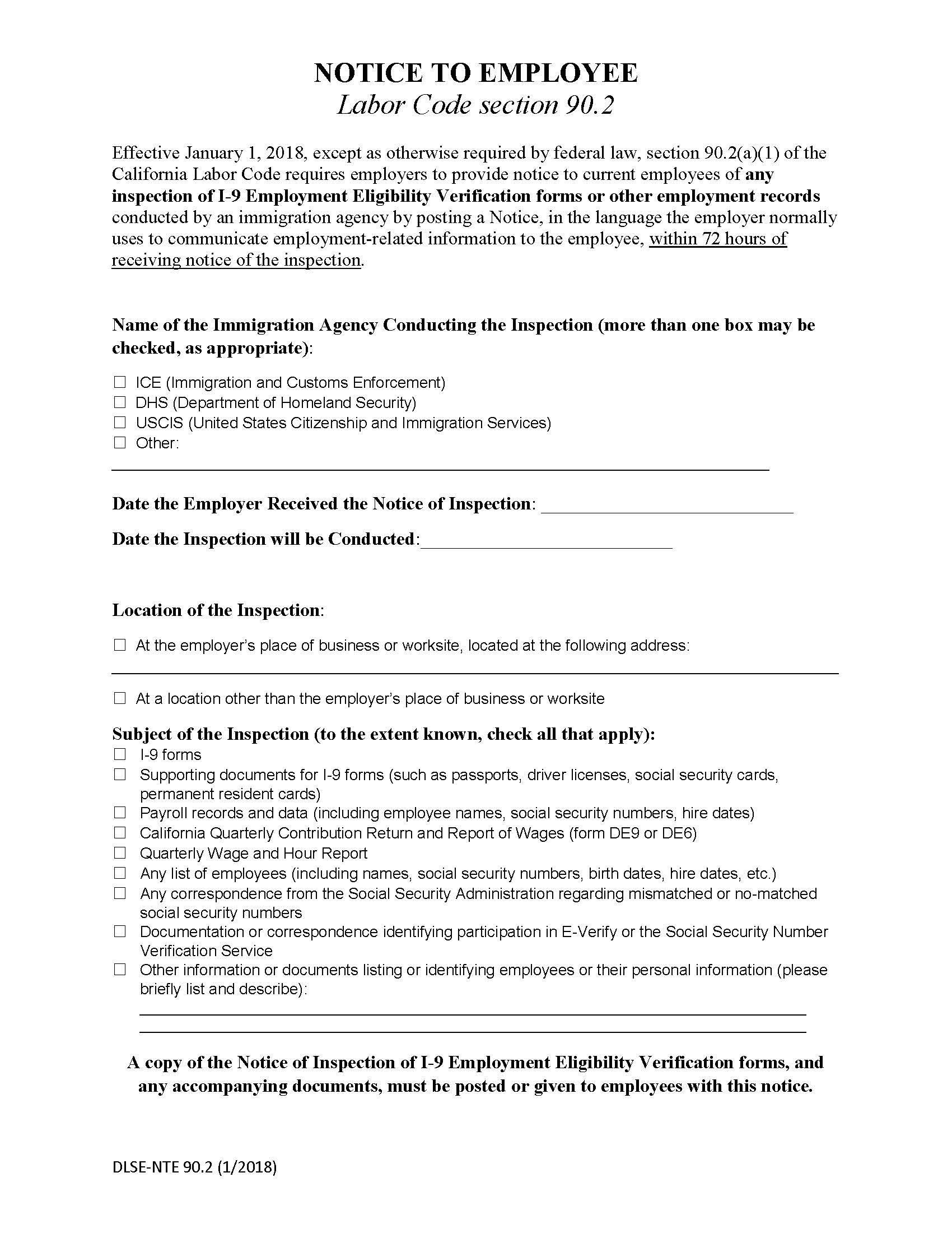 Immigration Agency Inspection (Notice To Employee) {DLSE-NTE 90.2} | Pdf Fpdf Docx | California
