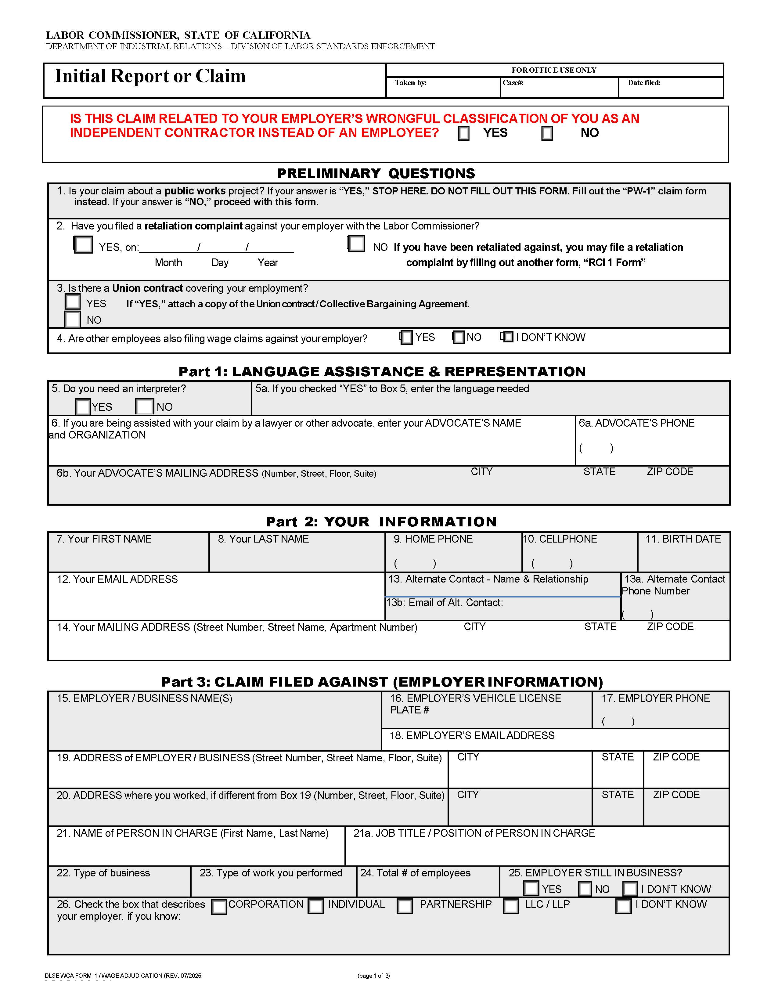 Initial Report Or Claim (Wage Claims) {DLSE-1} | Pdf Fpdf Docx | California