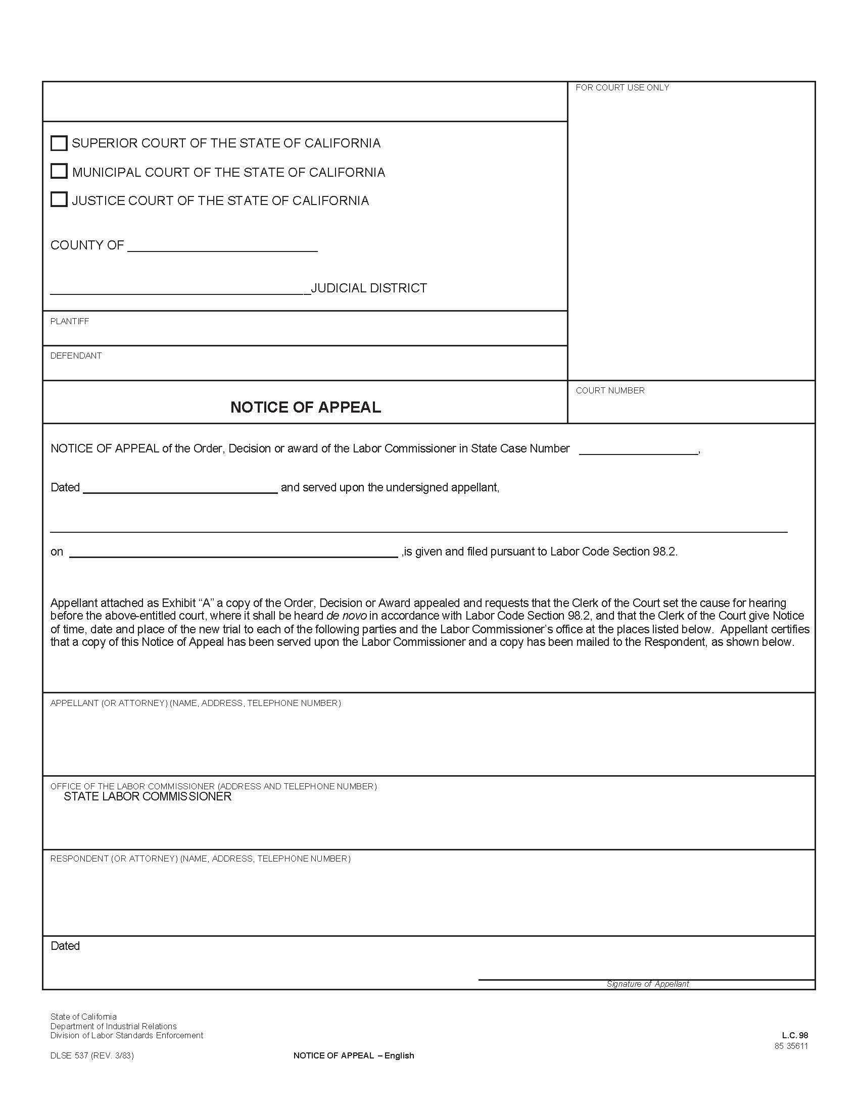 Notice Of Appeal {DLSE 537} | Pdf Fpdf Doc Docx | California