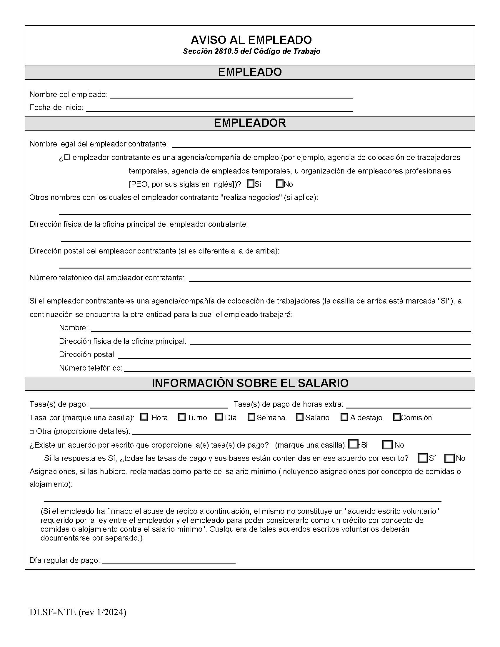 Notice To Employee Labor Code Section 2810.5 (Spanish) | Pdf Fpdf Doc Docx | California