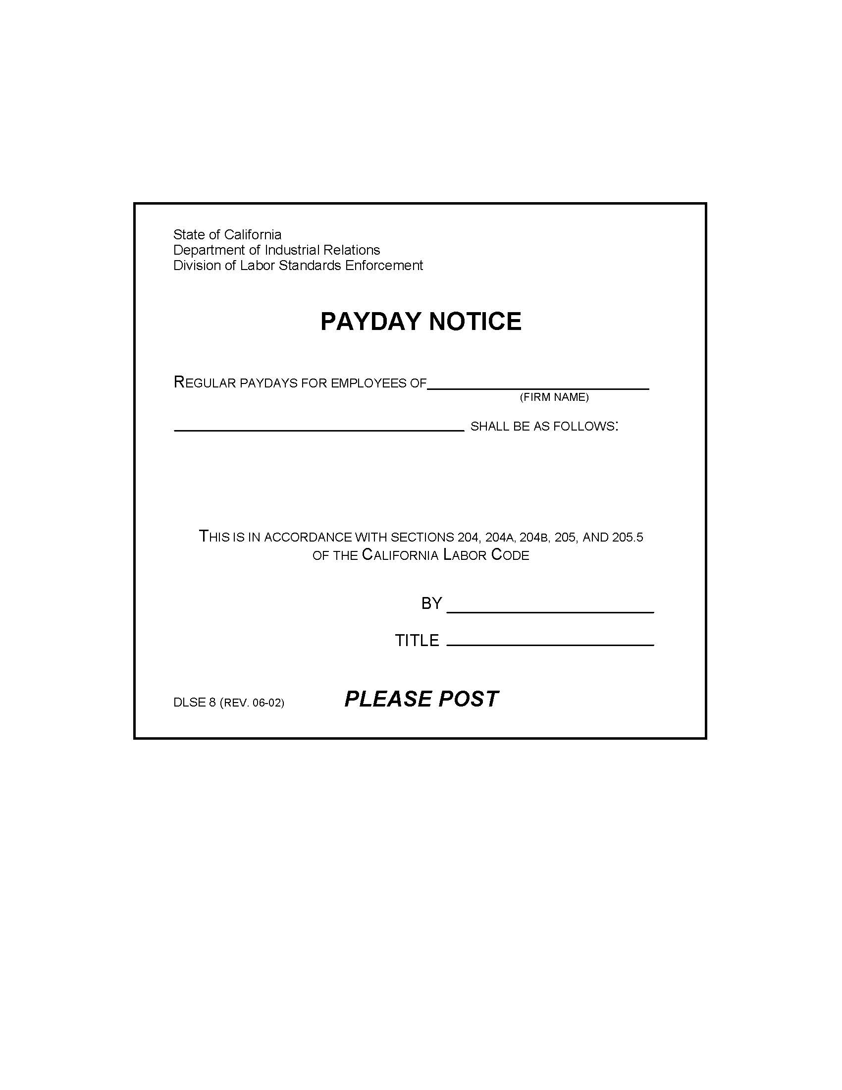 Payday Notice {DLSE 8} | Pdf Fpdf Docx | California