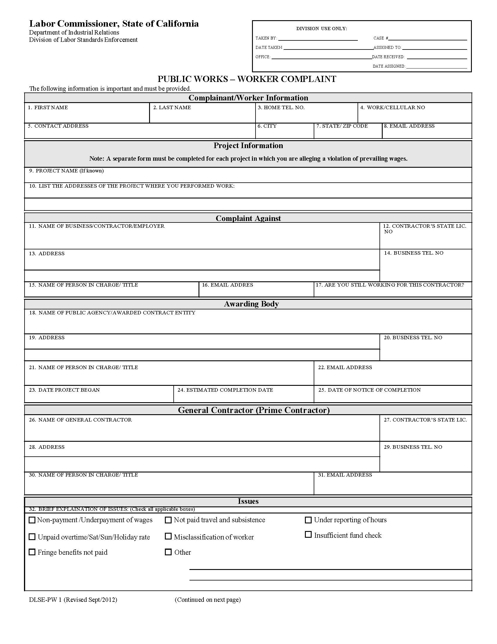 Public Works (Initial Report) {DLSE-PW 1} | Pdf Fpdf Doc Docx | California