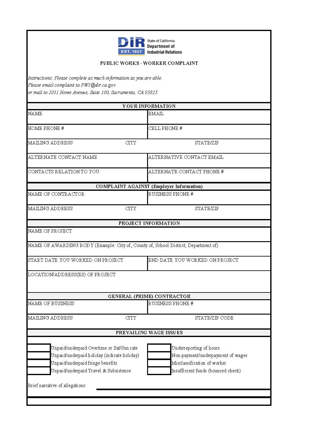 Public Works (Initial Report) {DLSE-PW 1} | Pdf Fpdf Doc Docx | California