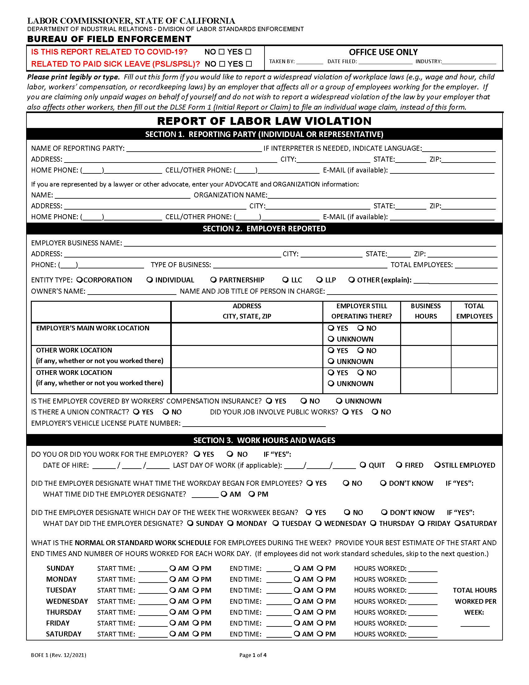 Report Of Labor Violation {BOFE-1} | Pdf Fpdf Doc Docx | California
