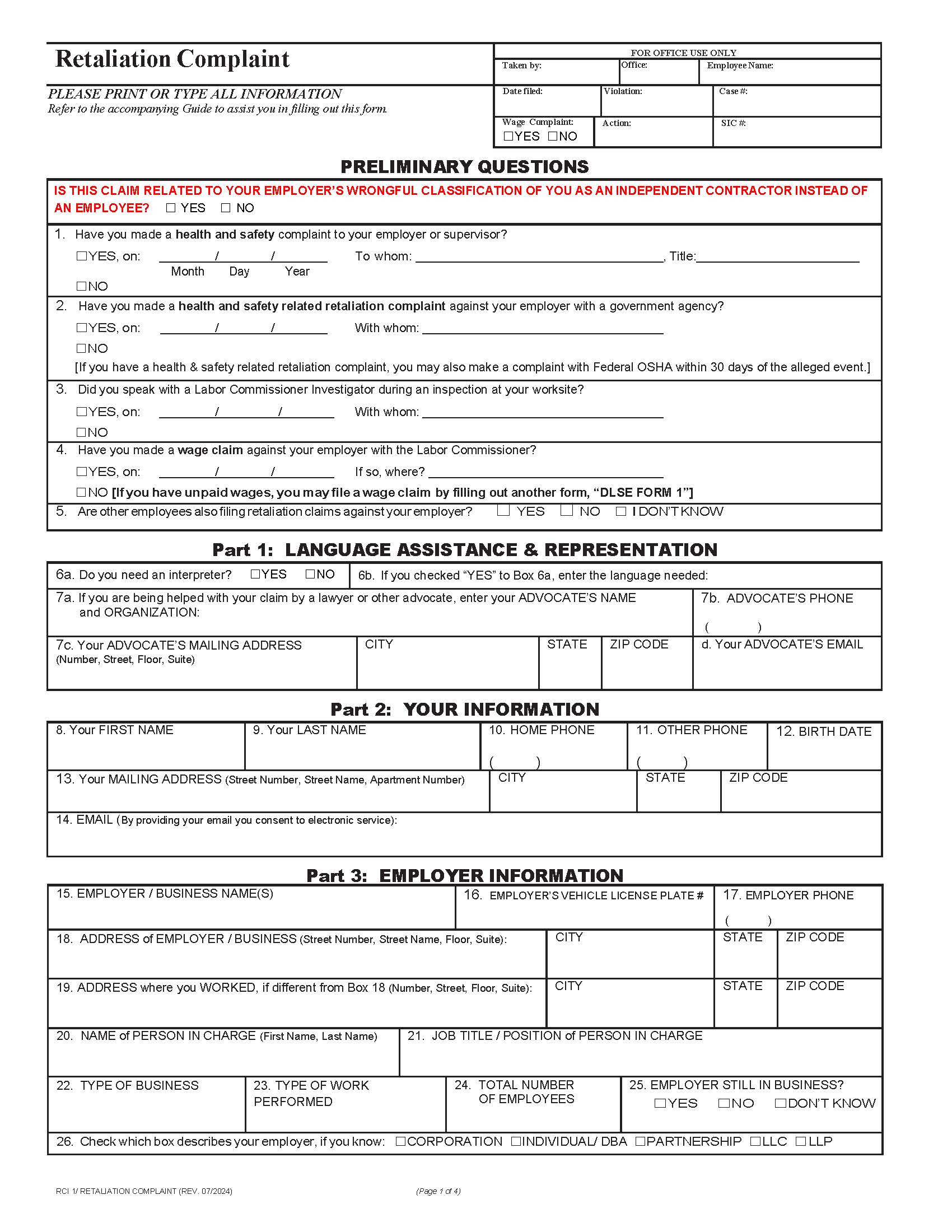 Retaliation (Discrimination) Complaint {DLSE RCI-1} | Pdf Fpdf Docx | California