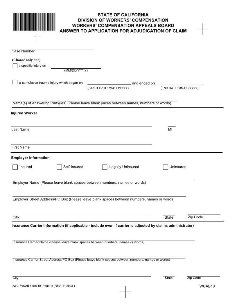 Answer To Application For Adjudication Of Claim {WCAB 10} | Pdf Fpdf Doc Docx | California