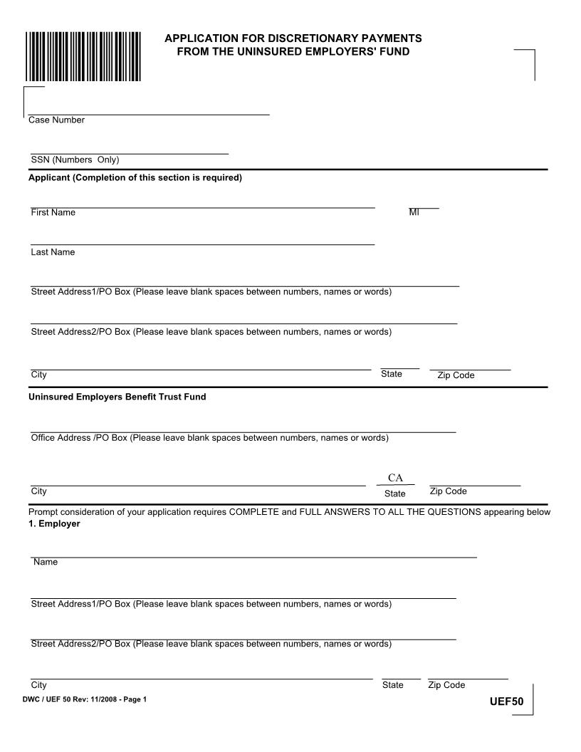 Application For Discretionary Payments From The Uninsured Employers Fund {DWC-UEF 50} | Pdf Fpdf Docx | California