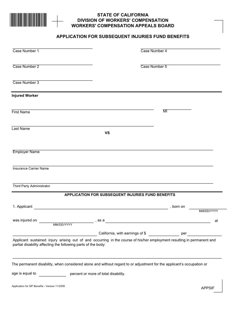 Application For Subsequent Injuries Fund Benefits | Pdf Fpdf Doc Docx | California
