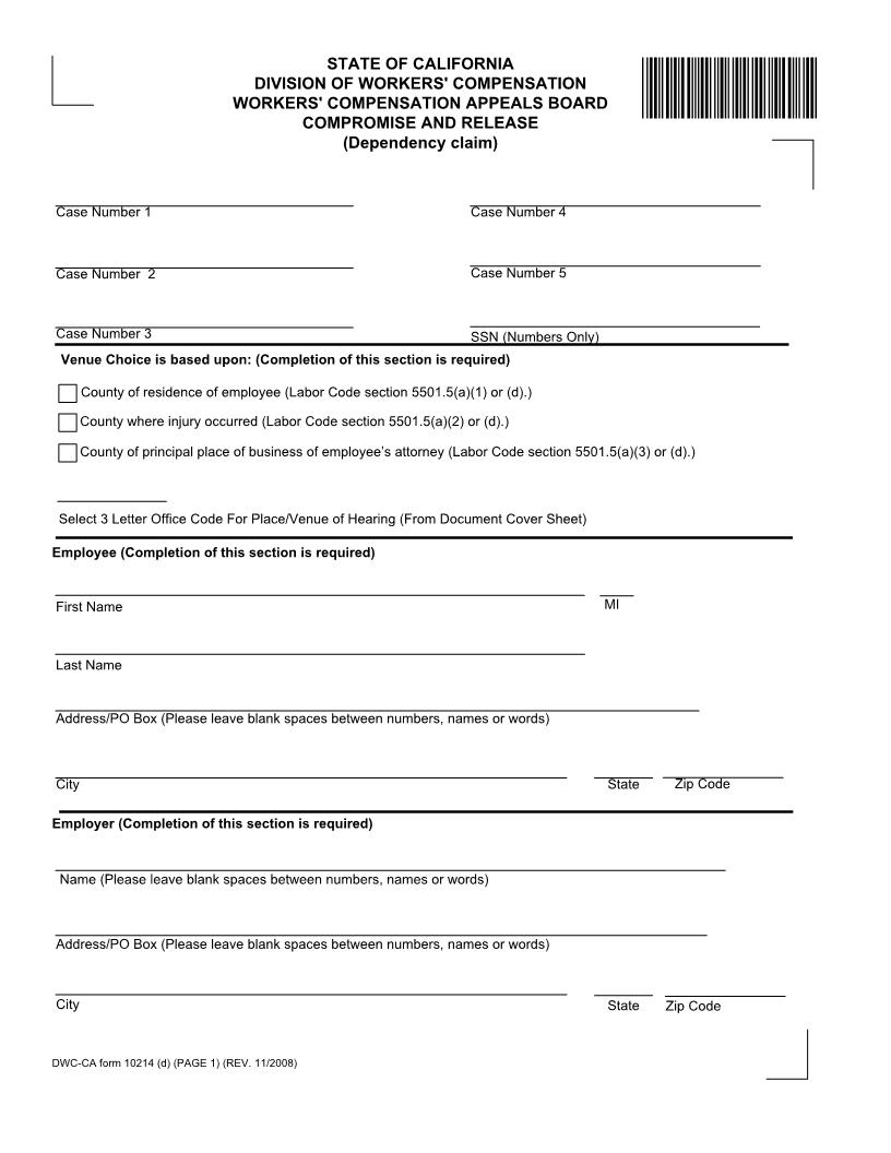 Compromise And Release (Dependency Claim) {DWC-CA 10214(d)} | Pdf Fpdf Docx | California