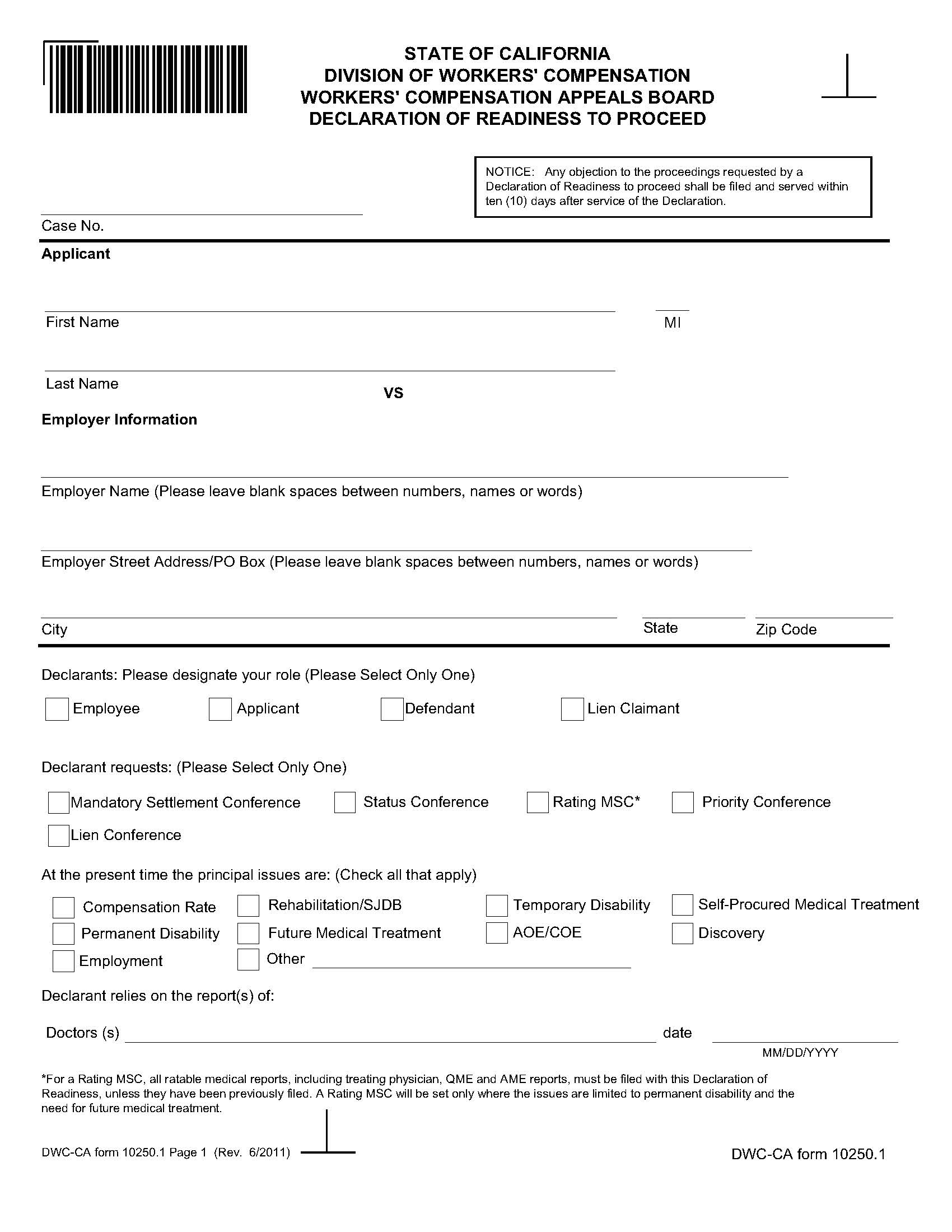 Declaration Of Readiness To Proceed {DWC-CA 10250.1} | Pdf Fpdf Doc Docx | California