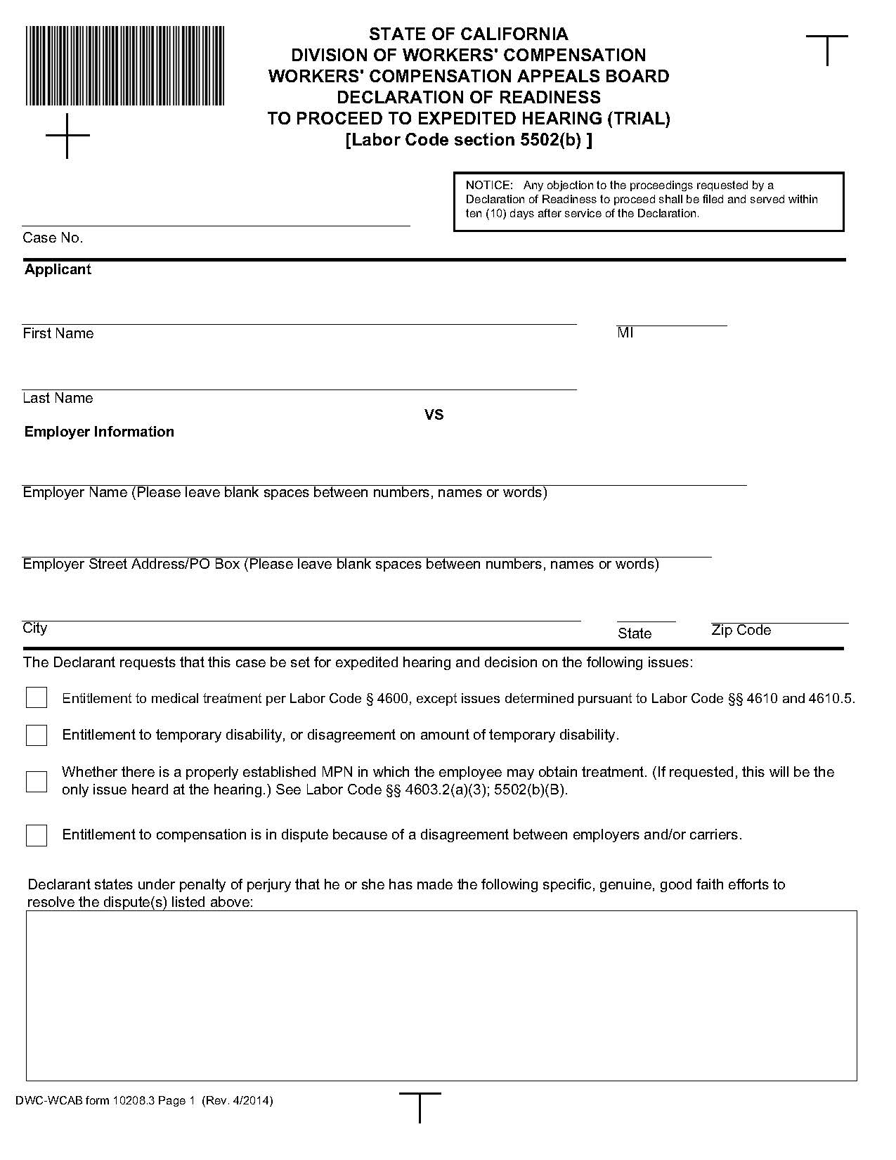 Declaration Of Readiness To Proceed To Expedited Hearing (Trial) {DWC-CA 10208.3.} | Pdf Fpdf Docx | California
